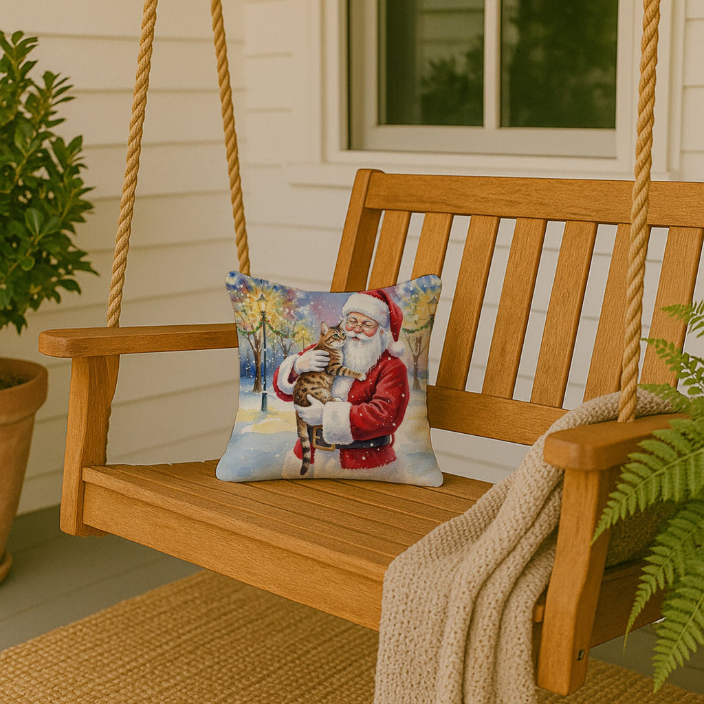 Spotted Tabby Brown Cat with Santa Claus Decorative Throw Pillow 14x14 Indoor Outdoor Accent Cushion, Fabric Cover with Insert for Sofa, Bed, Porch & Living Room