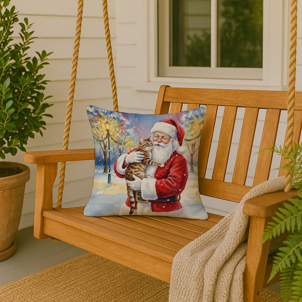 Spotted Tabby Brown Cat with Santa Claus Decorative Throw Pillow 18x18 Indoor Outdoor Accent Cushion, Fabric Cover with Insert for Sofa, Bed, Porch & Living Room