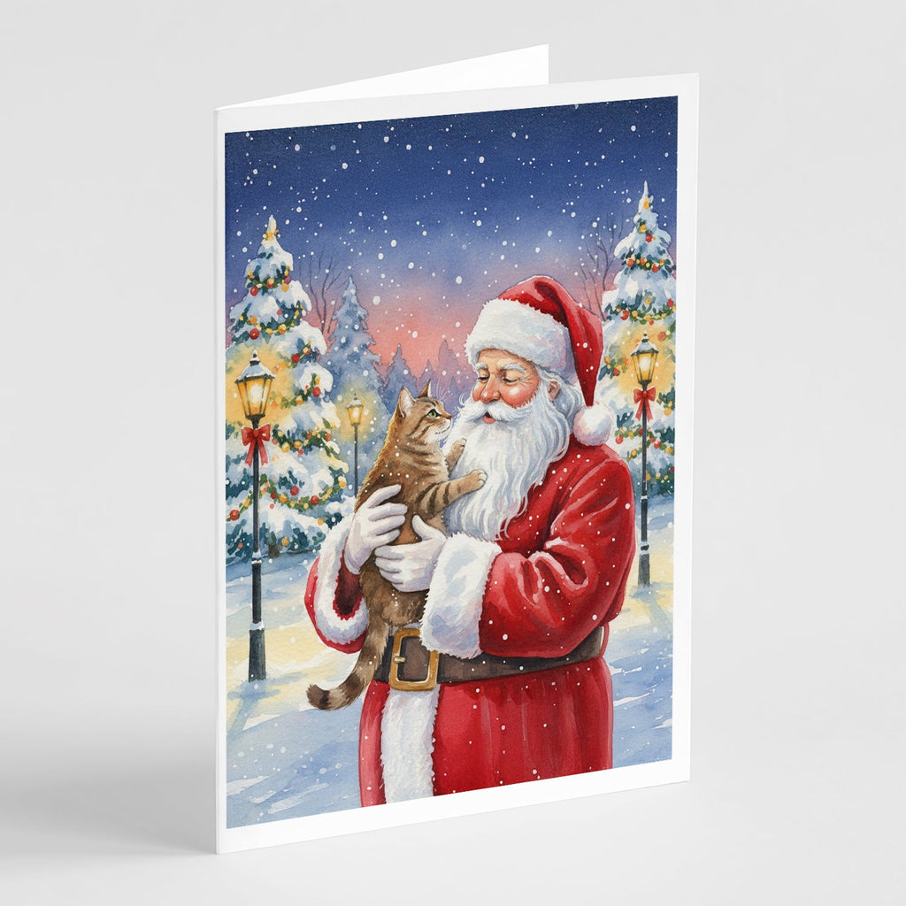 Ticked Tabby Brown Cat with Santa Claus Greeting Cards Pack of 8 Blank Cards with Envelopes Whimsical A7 Size 5x7