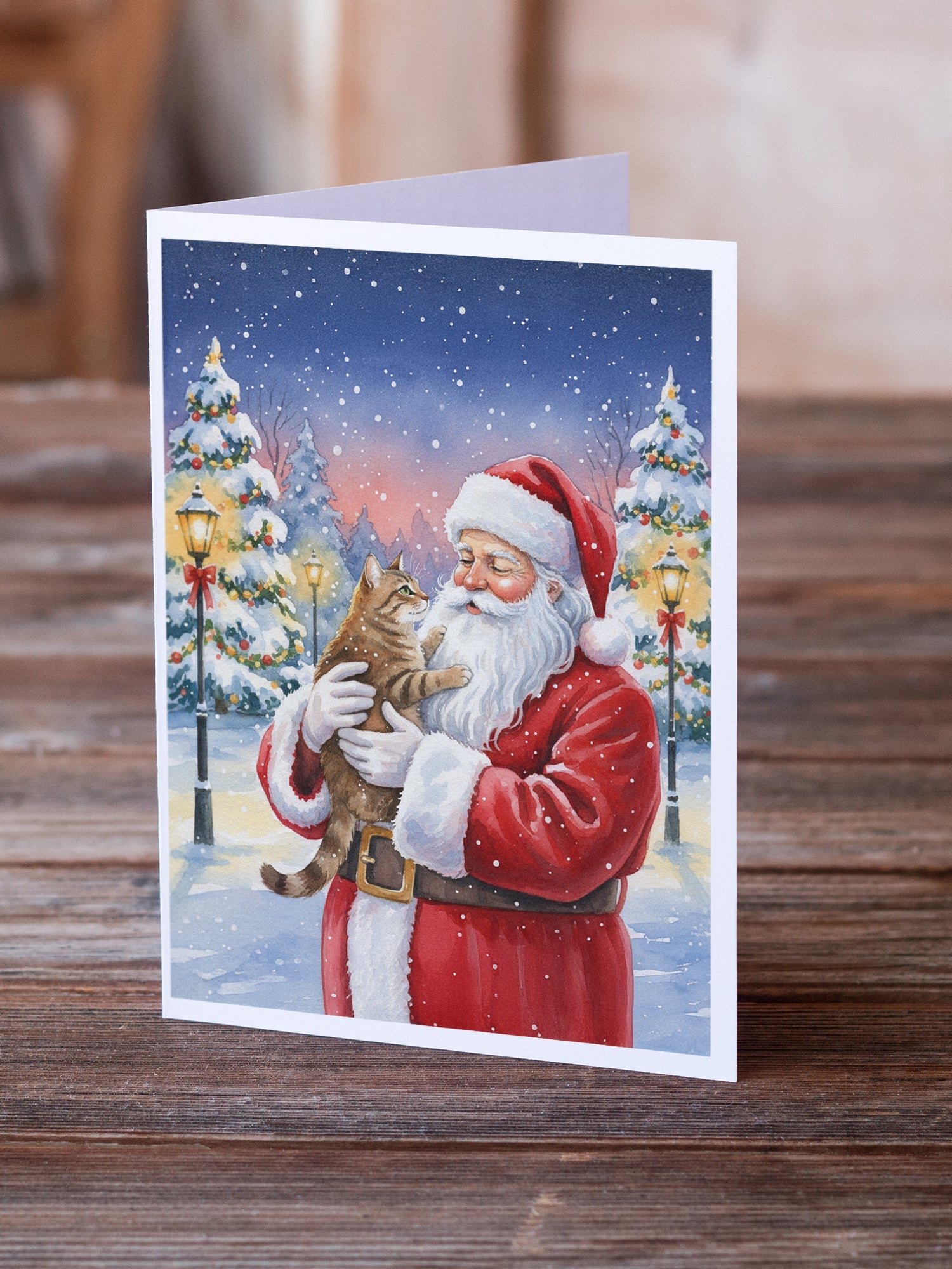 Ticked Tabby Brown Cat with Santa Claus Greeting Cards Pack of 8 Blank Cards with Envelopes Whimsical A7 Size 5x7