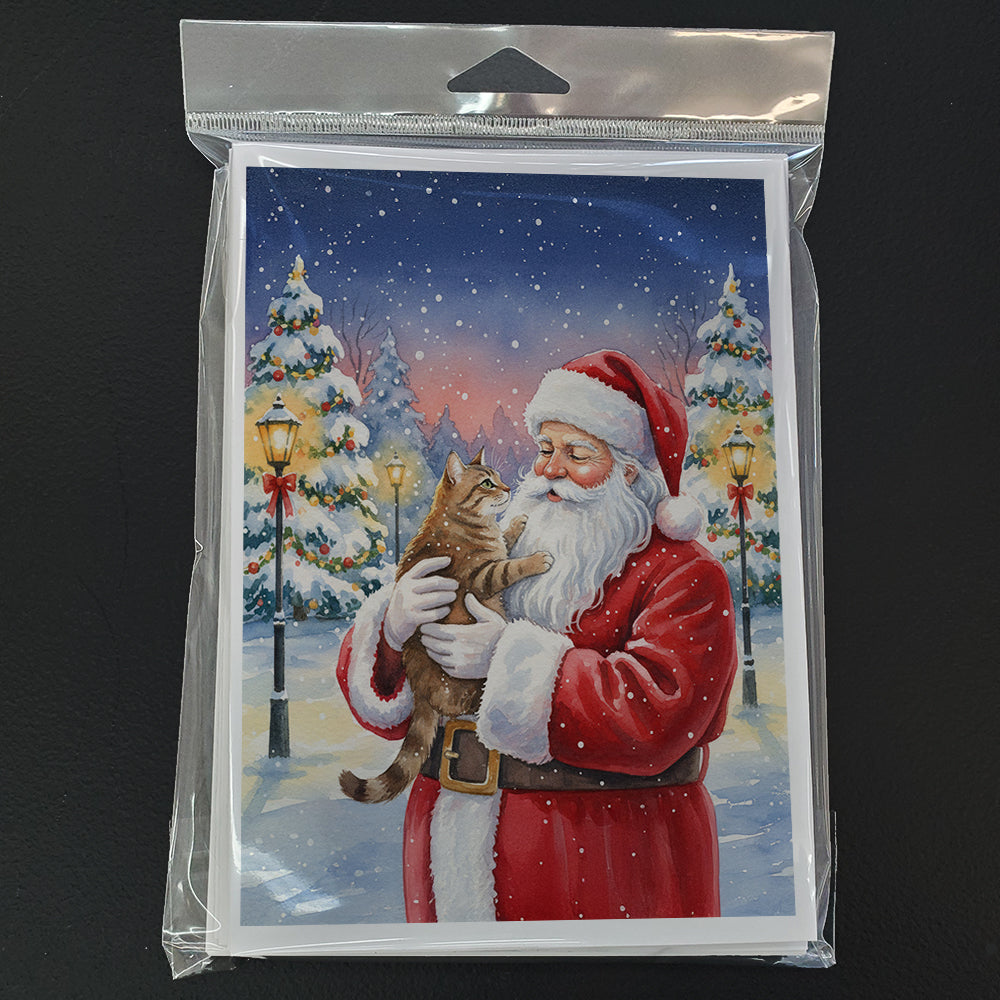 Ticked Tabby Brown Cat with Santa Claus Greeting Cards Pack of 8 Blank Cards with Envelopes Whimsical A7 Size 5x7