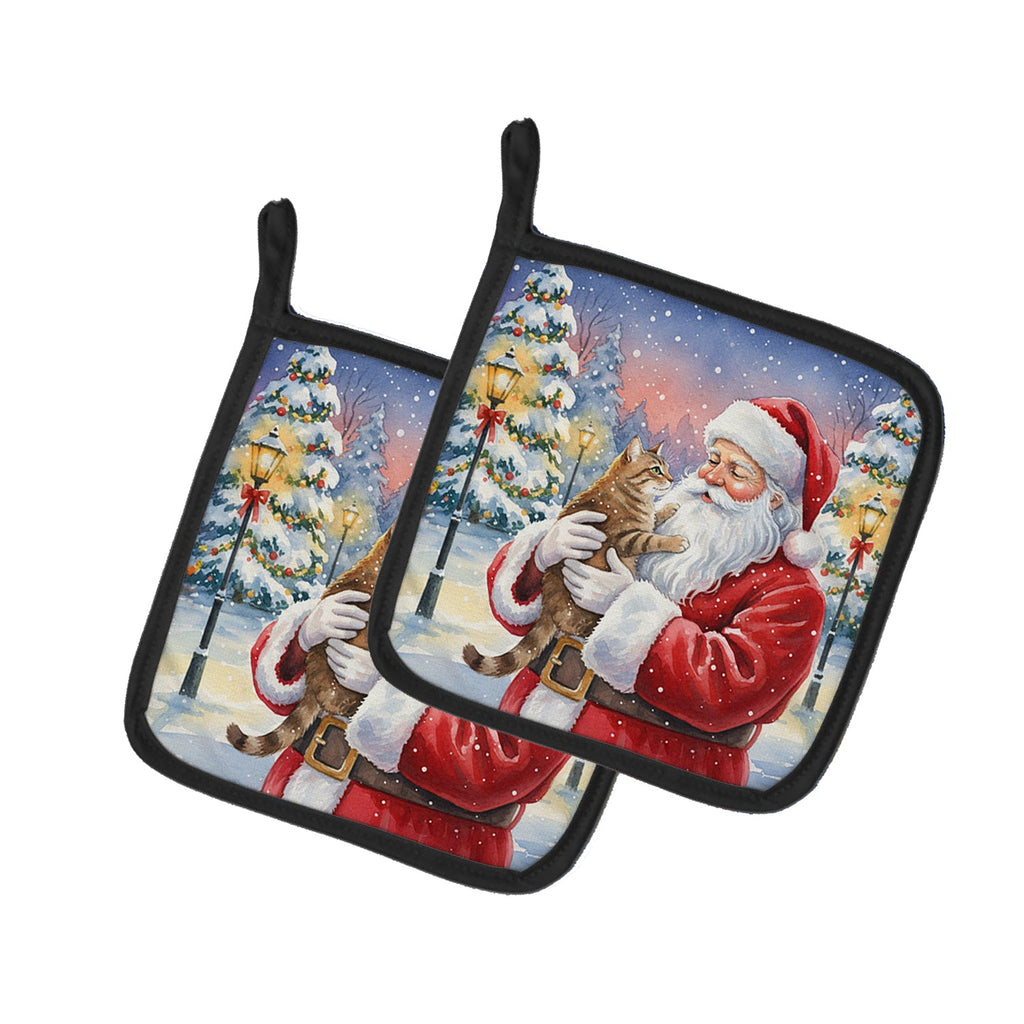 Ticked Tabby Brown Cat with Santa Claus Pot Holder Set of 2 Heat Resistant Quilted Hot Pads 7.5 x 7.5 Inch, Insulated Kitchen Trivets for Cooking & Baking
