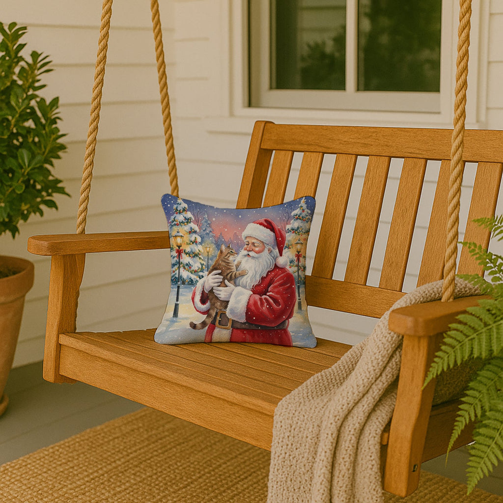 Ticked Tabby Brown Cat with Santa Claus Decorative Throw Pillow 14x14 Indoor Outdoor Accent Cushion, Fabric Cover with Insert for Sofa, Bed, Porch & Living Room