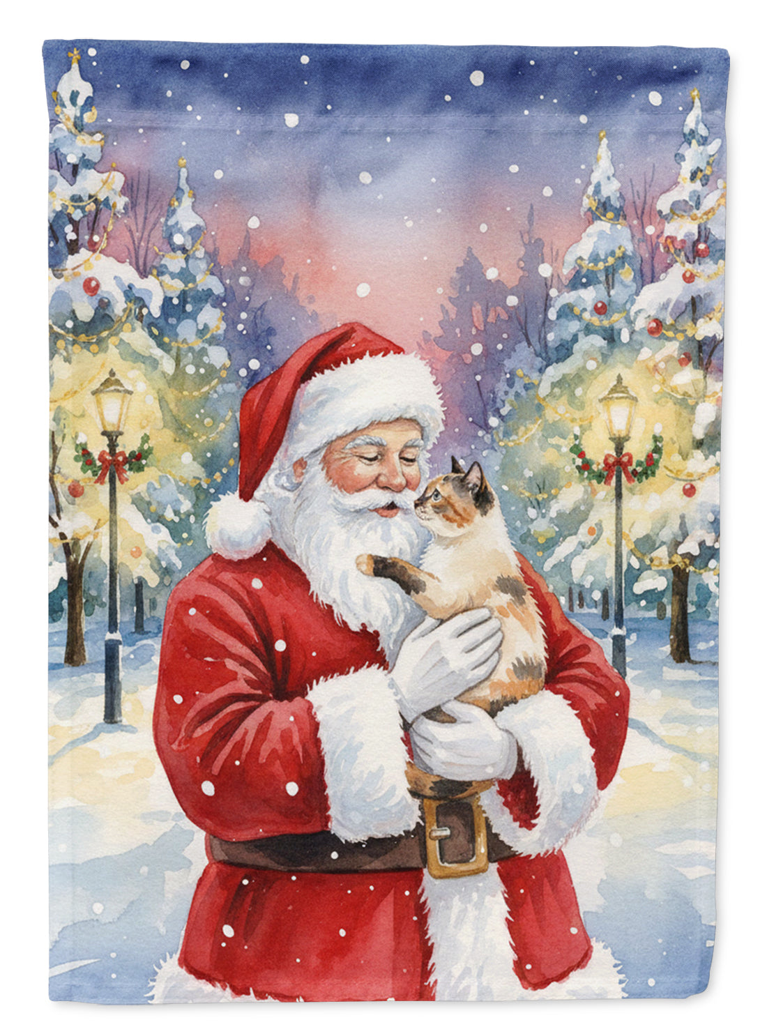 Tortie Point Cat with Santa Claus House Flag 28x40 Porch Sleeve Pole Decorative Outside Yard Banner Artwork Wall Hanging, Polyester