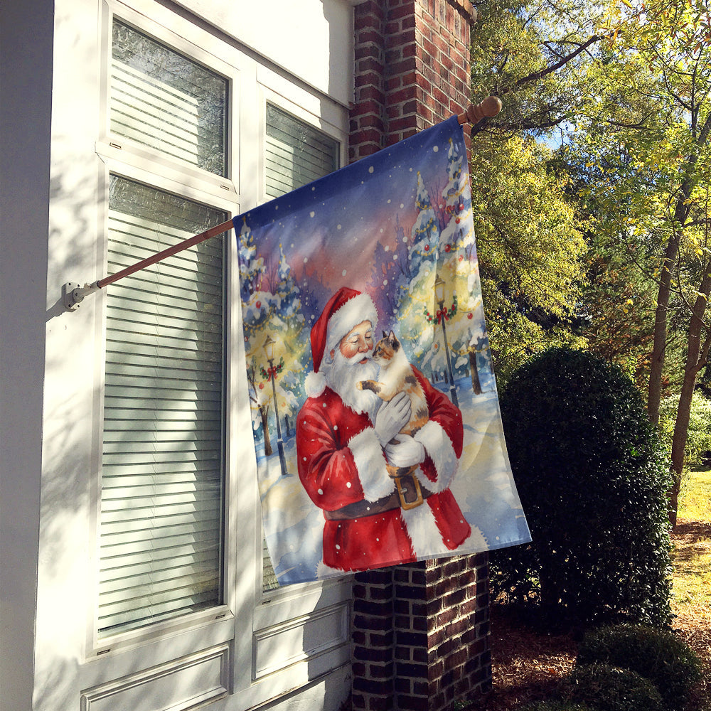 Tortie Point Cat with Santa Claus House Flag 28x40 Porch Sleeve Pole Decorative Outside Yard Banner Artwork Wall Hanging, Polyester