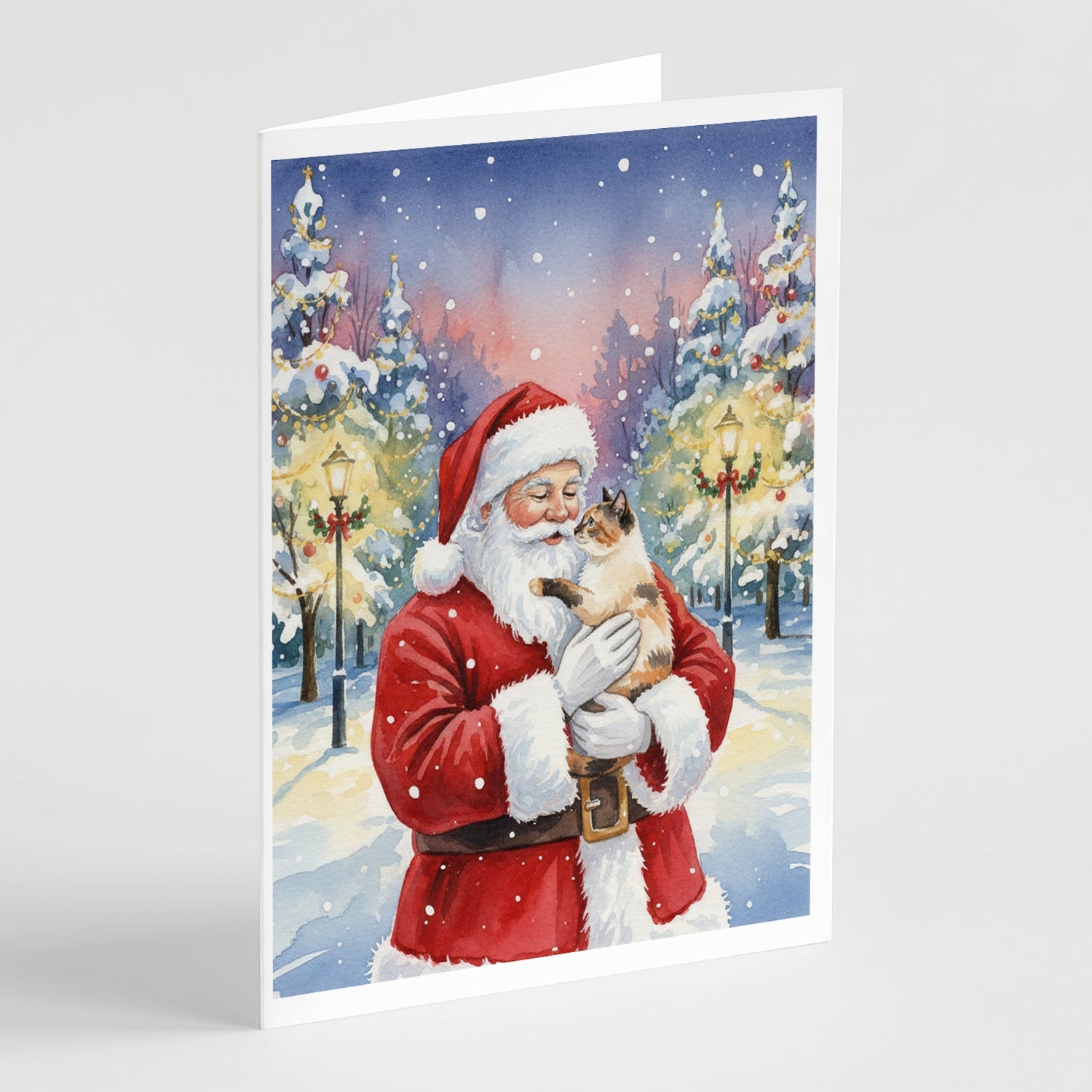 Tortie Point Cat with Santa Claus Greeting Cards Pack of 8 Blank Cards with Envelopes Whimsical A7 Size 5x7