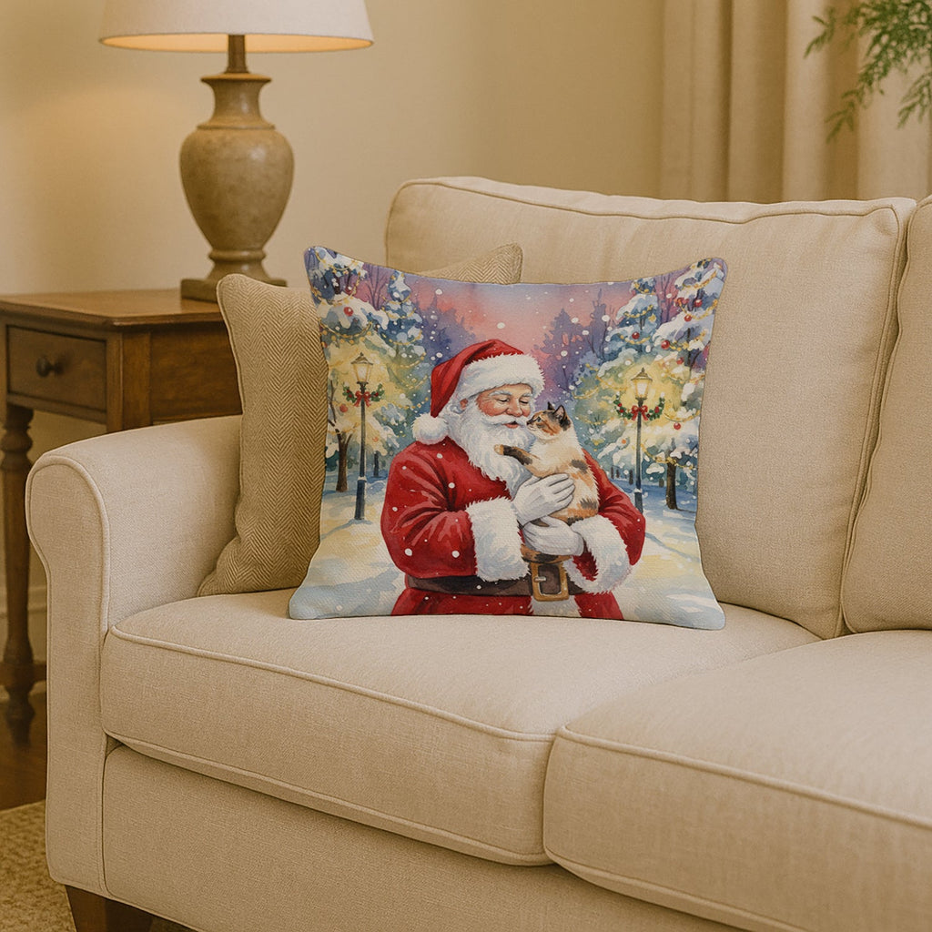 Tortie Point Cat with Santa Claus Decorative Throw Pillow 14x14 Indoor Outdoor Accent Cushion, Fabric Cover with Insert for Sofa, Bed, Porch & Living Room