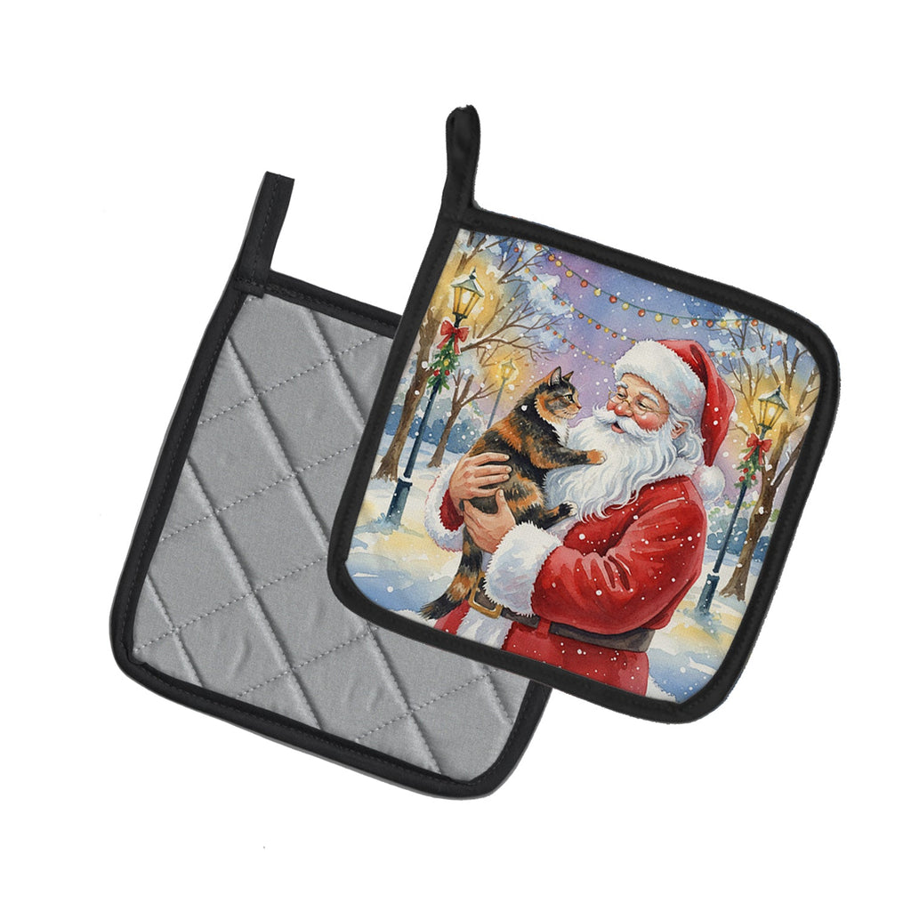 Tortoiseshell Cat with Santa Claus Pot Holder Set of 2 Heat Resistant Quilted Hot Pads 7.5 x 7.5 Inch, Insulated Kitchen Trivets for Cooking & Baking