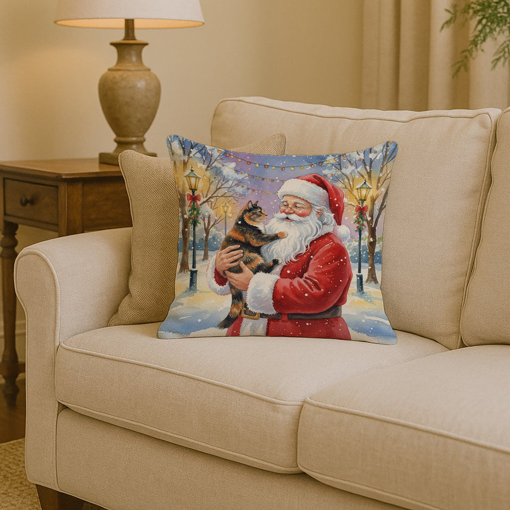 Tortoiseshell Cat with Santa Claus Decorative Throw Pillow 14x14 Indoor Outdoor Accent Cushion, Fabric Cover with Insert for Sofa, Bed, Porch & Living Room