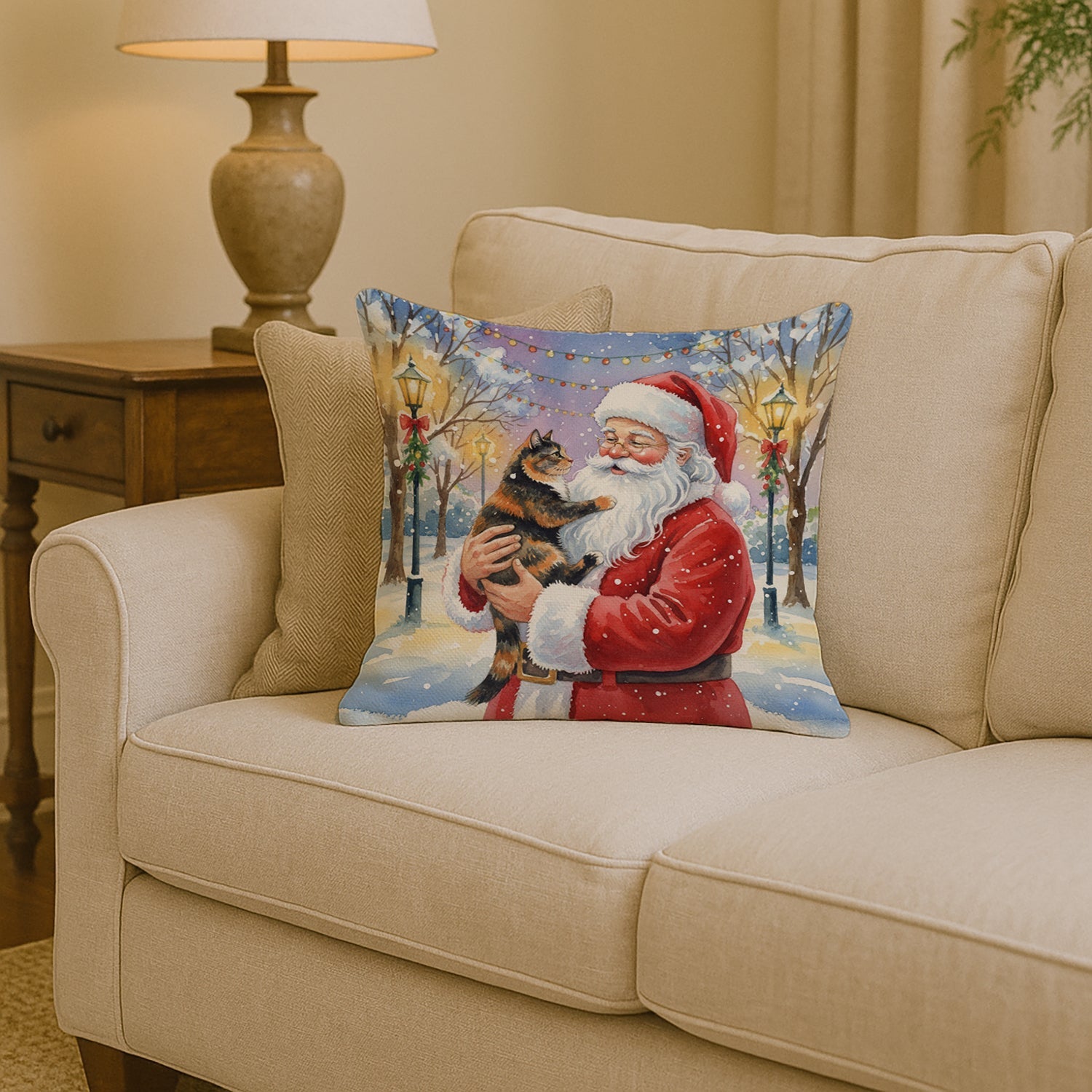 Tortoiseshell Cat with Santa Claus Decorative Throw Pillow 14x14 Indoor Outdoor Accent Cushion, Fabric Cover with Insert for Sofa, Bed, Porch & Living Room