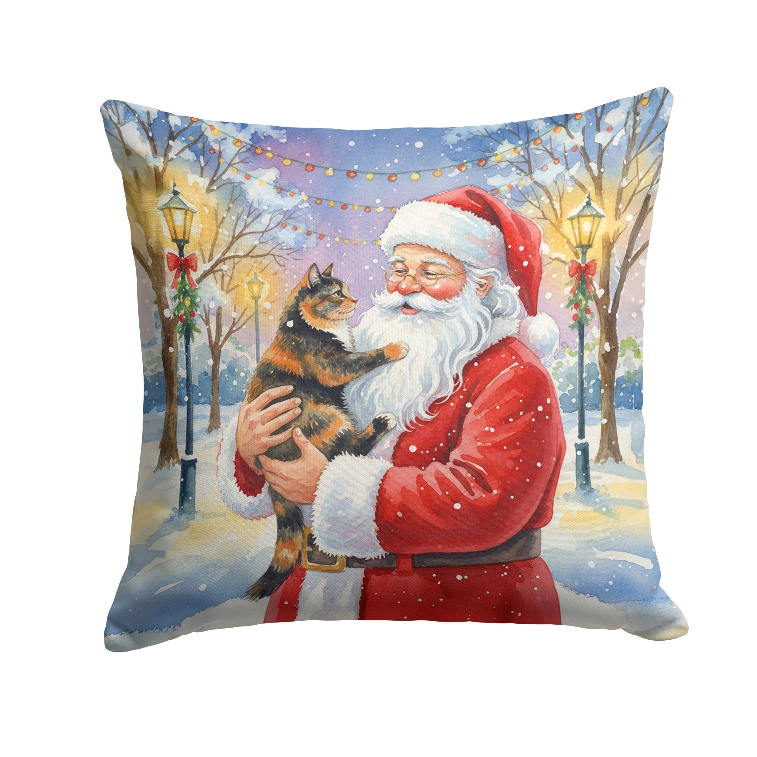 Tortoiseshell Cat with Santa Claus Decorative Throw Pillow 18x18 Indoor Outdoor Accent Cushion, Fabric Cover with Insert for Sofa, Bed, Porch & Living Room
