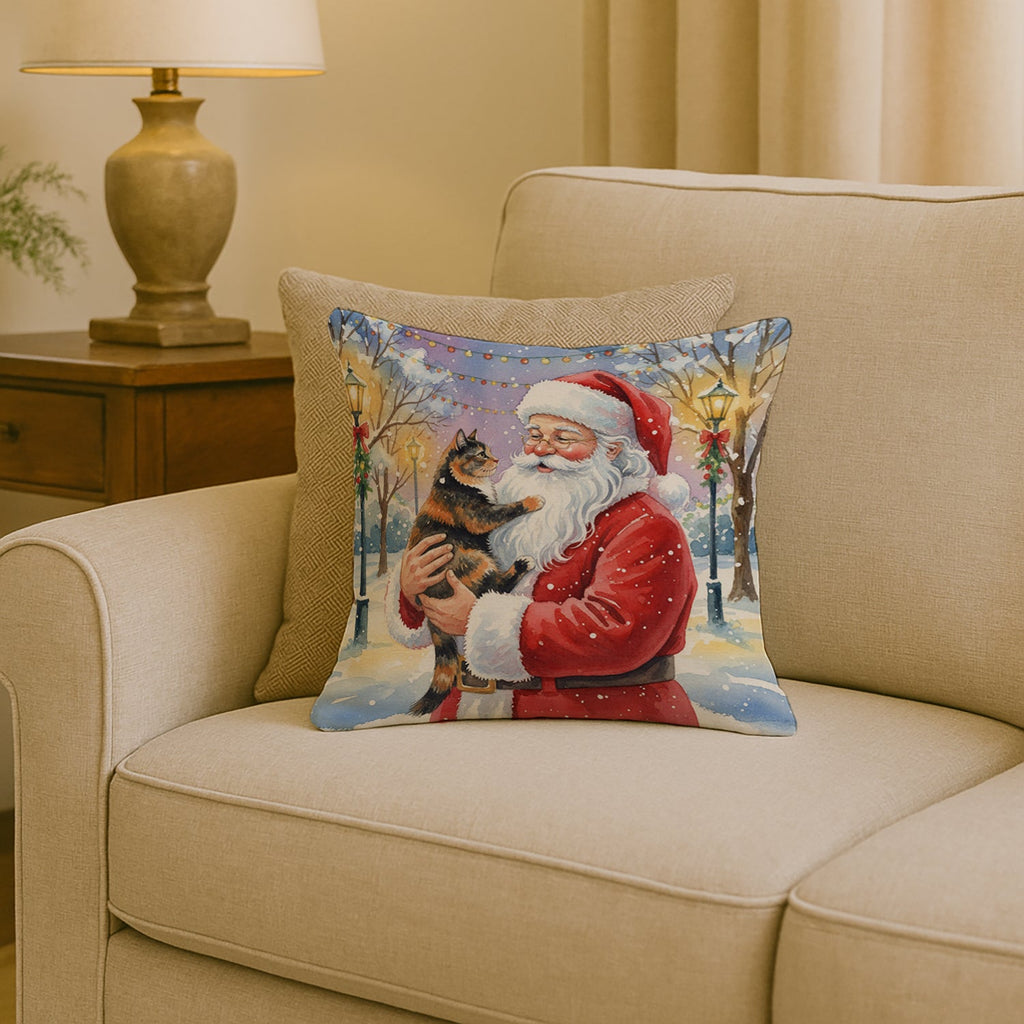 Tortoiseshell Cat with Santa Claus Decorative Throw Pillow 18x18 Indoor Outdoor Accent Cushion, Fabric Cover with Insert for Sofa, Bed, Porch & Living Room