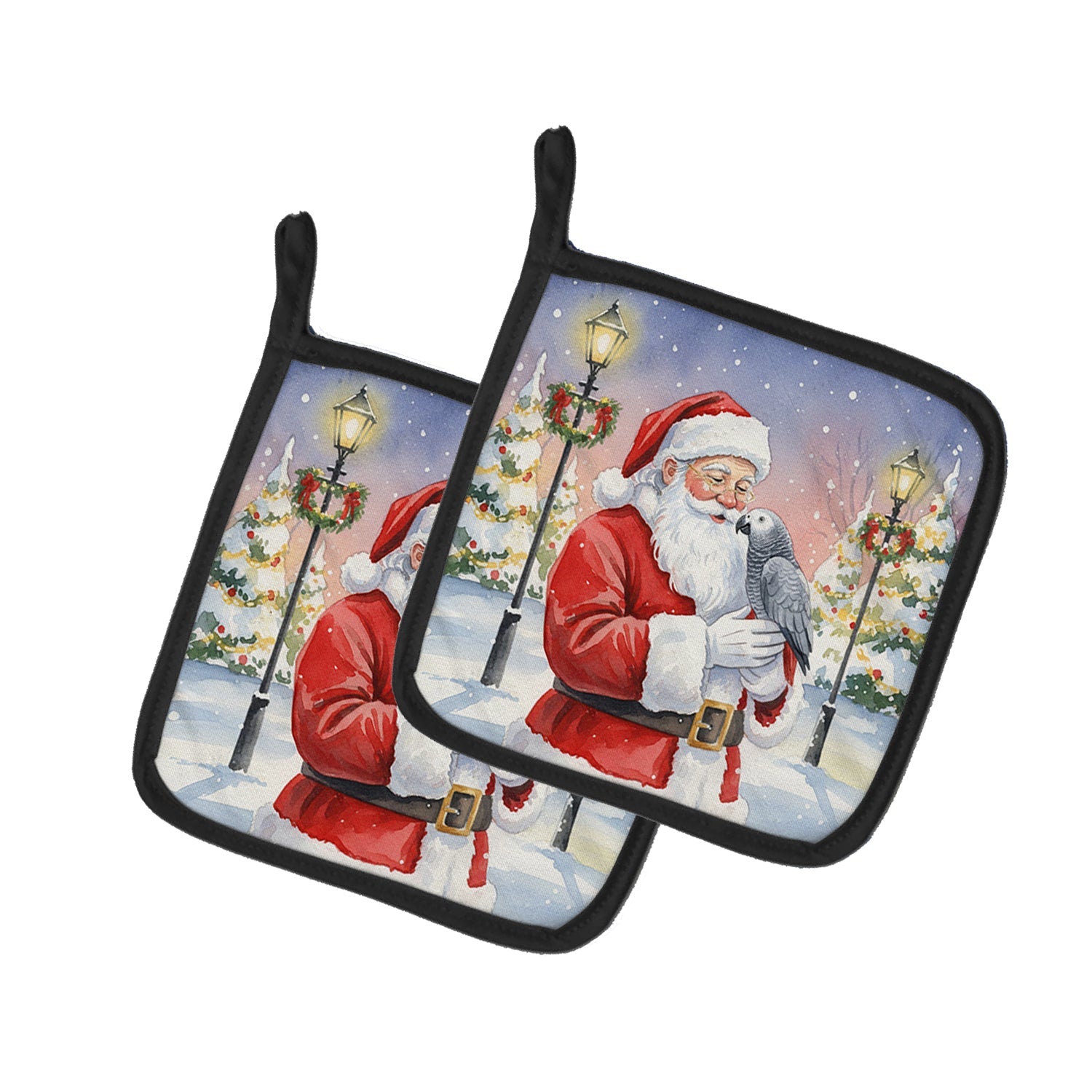 African Grey Parrot with Santa Claus Pot Holder Set of 2 Heat Resistant Quilted Hot Pads 7.5 x 7.5 Inch, Insulated Kitchen Trivets for Cooking & Baking