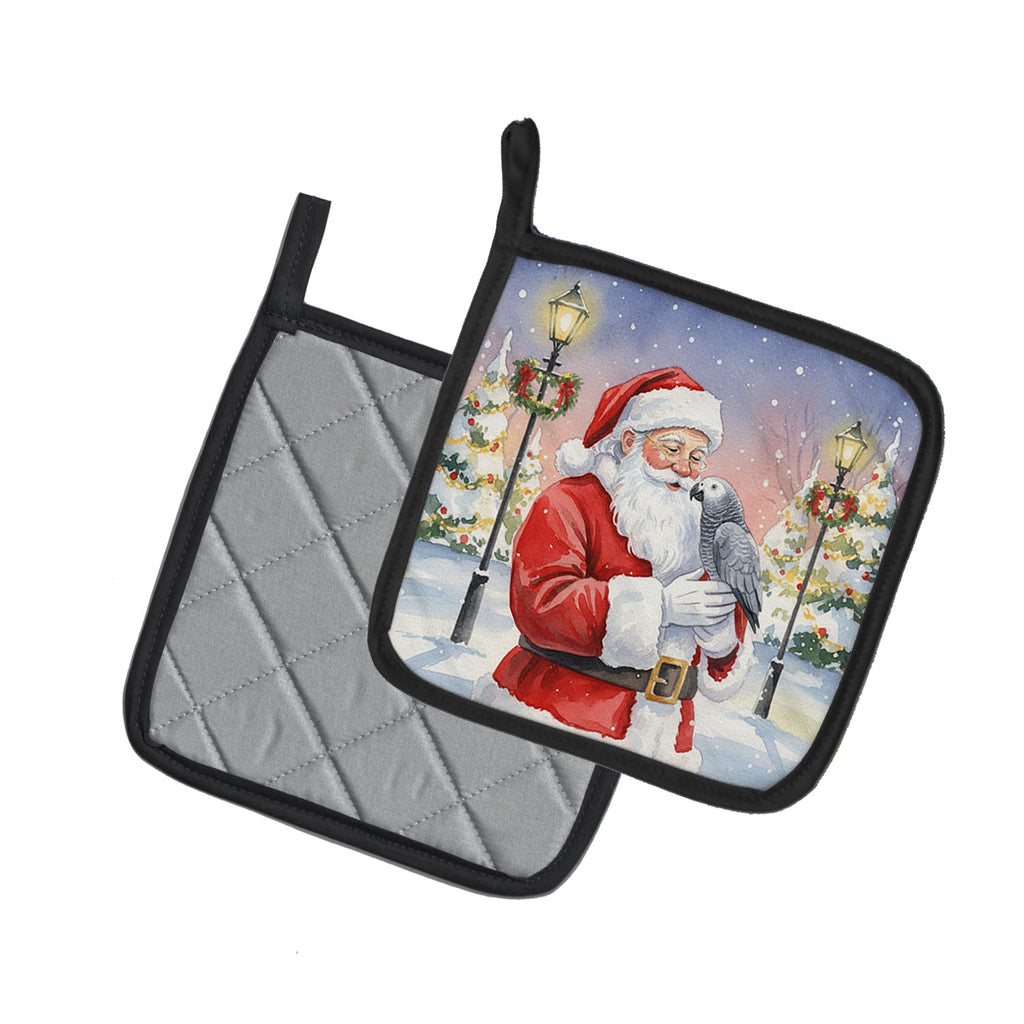 African Grey Parrot with Santa Claus Pot Holder Set of 2 Heat Resistant Quilted Hot Pads 7.5 x 7.5 Inch, Insulated Kitchen Trivets for Cooking & Baking
