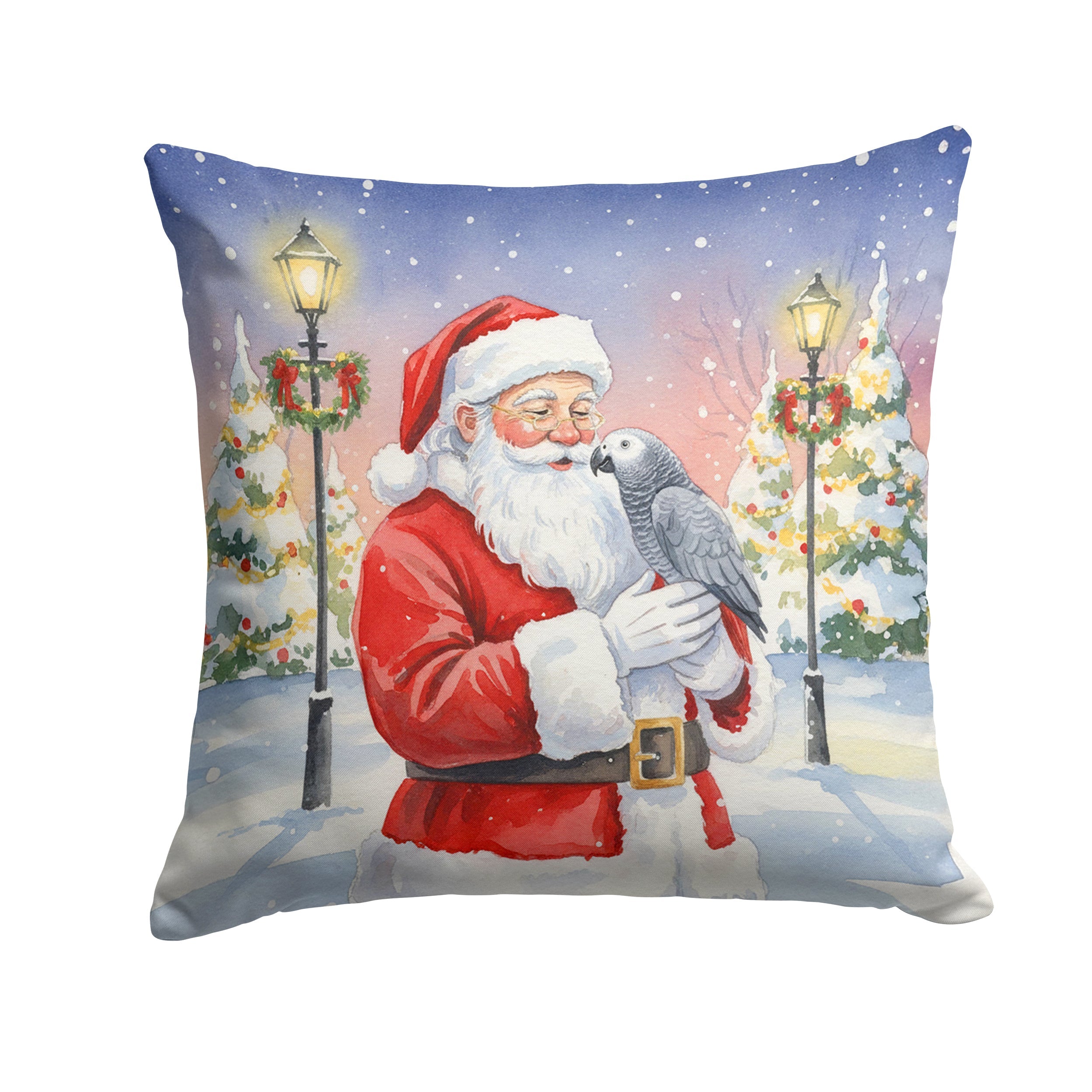 African Grey Parrot with Santa Claus Decorative Throw Pillow 18x18 Indoor Outdoor Accent Cushion, Fabric Cover with Insert for Sofa, Bed, Porch & Living Room