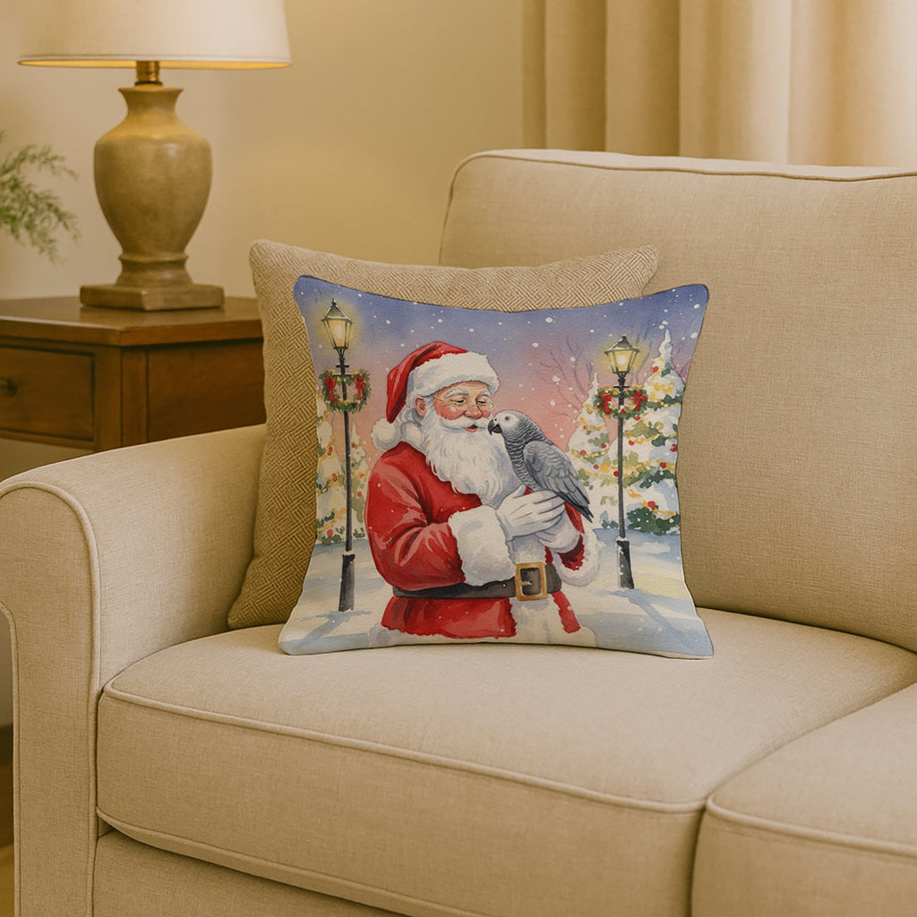 African Grey Parrot with Santa Claus Decorative Throw Pillow 18x18 Indoor Outdoor Accent Cushion, Fabric Cover with Insert for Sofa, Bed, Porch & Living Room