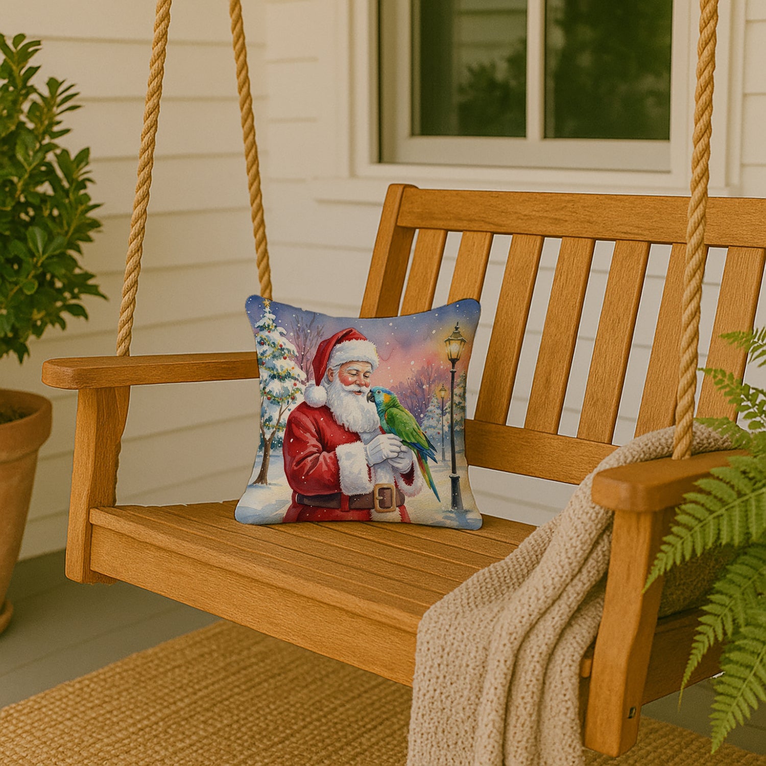 Amazon Parrot with Santa Claus Decorative Throw Pillow 14x14 Indoor Outdoor Accent Cushion, Fabric Cover with Insert for Sofa, Bed, Porch & Living Room