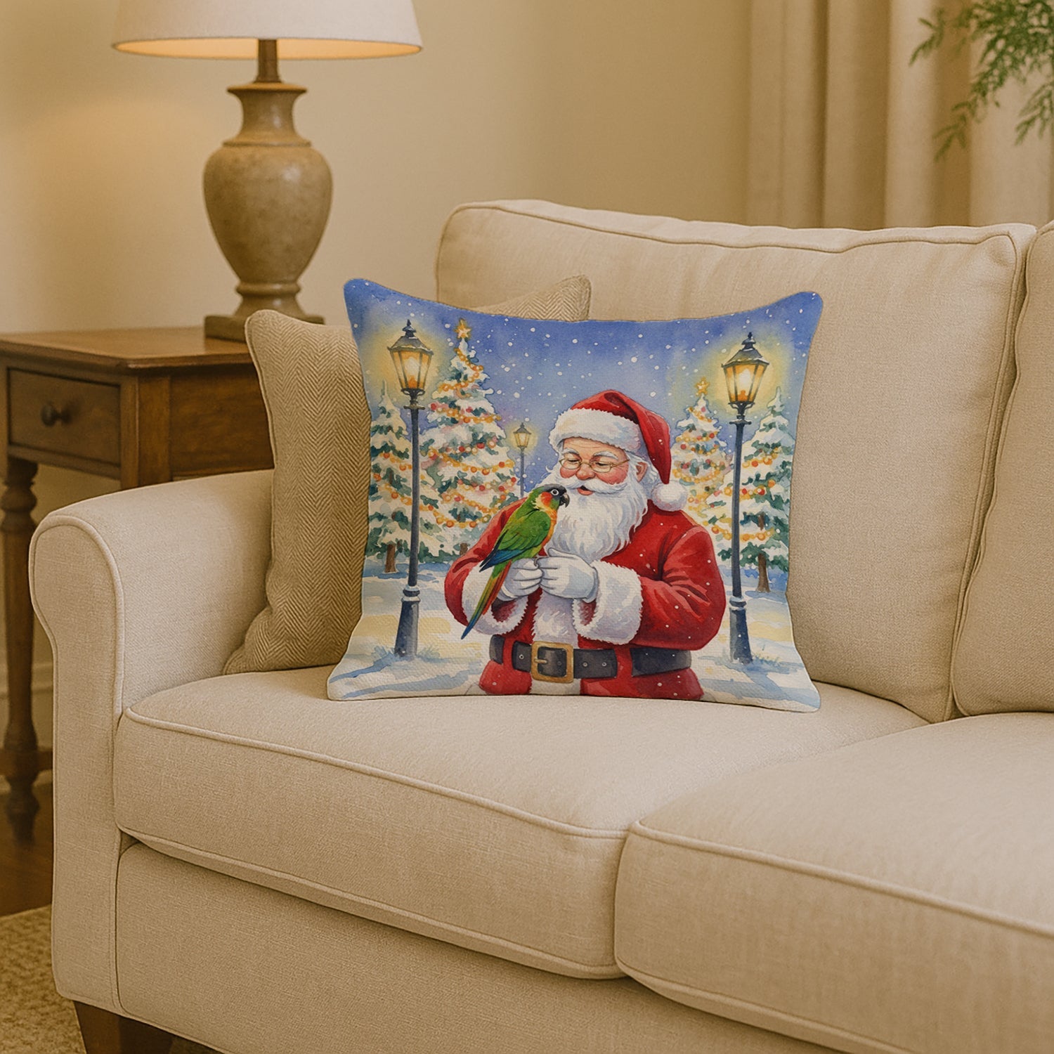Black-Headed Caique with Santa Claus Decorative Throw Pillow 14x14 Indoor Outdoor Accent Cushion, Fabric Cover with Insert for Sofa, Bed, Porch & Living Room