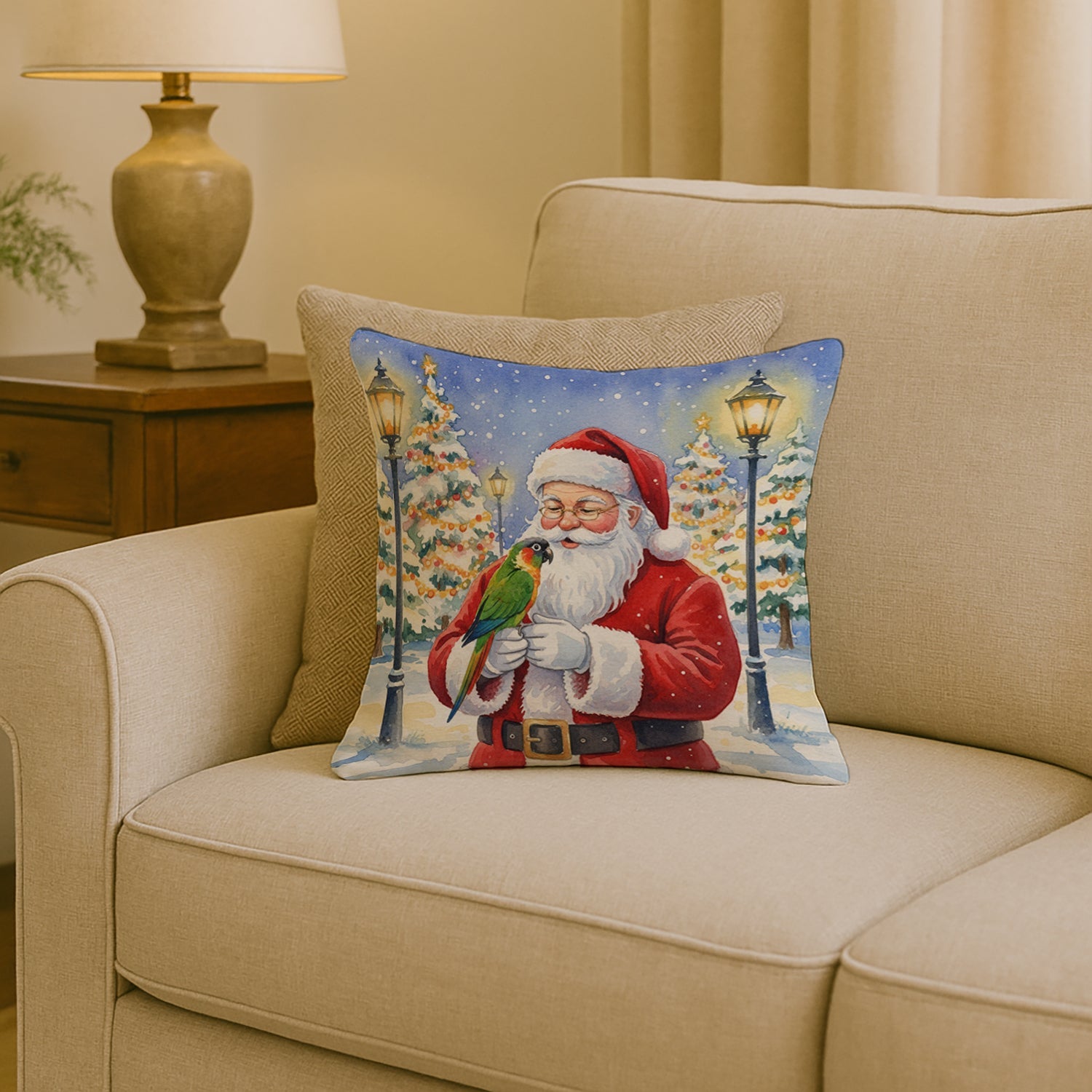 Black-Headed Caique with Santa Claus Decorative Throw Pillow 18x18 Indoor Outdoor Accent Cushion, Fabric Cover with Insert for Sofa, Bed, Porch & Living Room