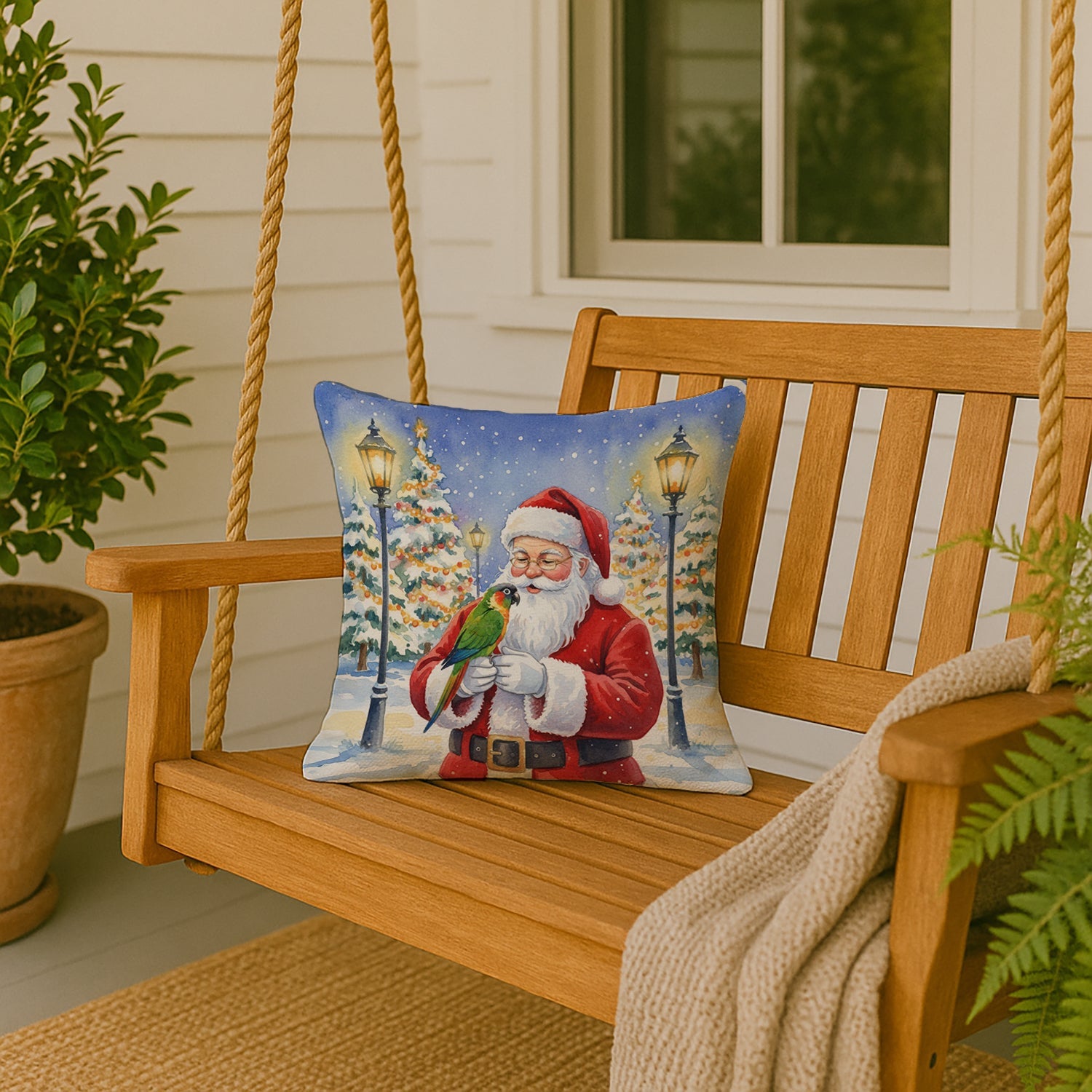 Black-Headed Caique with Santa Claus Decorative Throw Pillow 18x18 Indoor Outdoor Accent Cushion, Fabric Cover with Insert for Sofa, Bed, Porch & Living Room