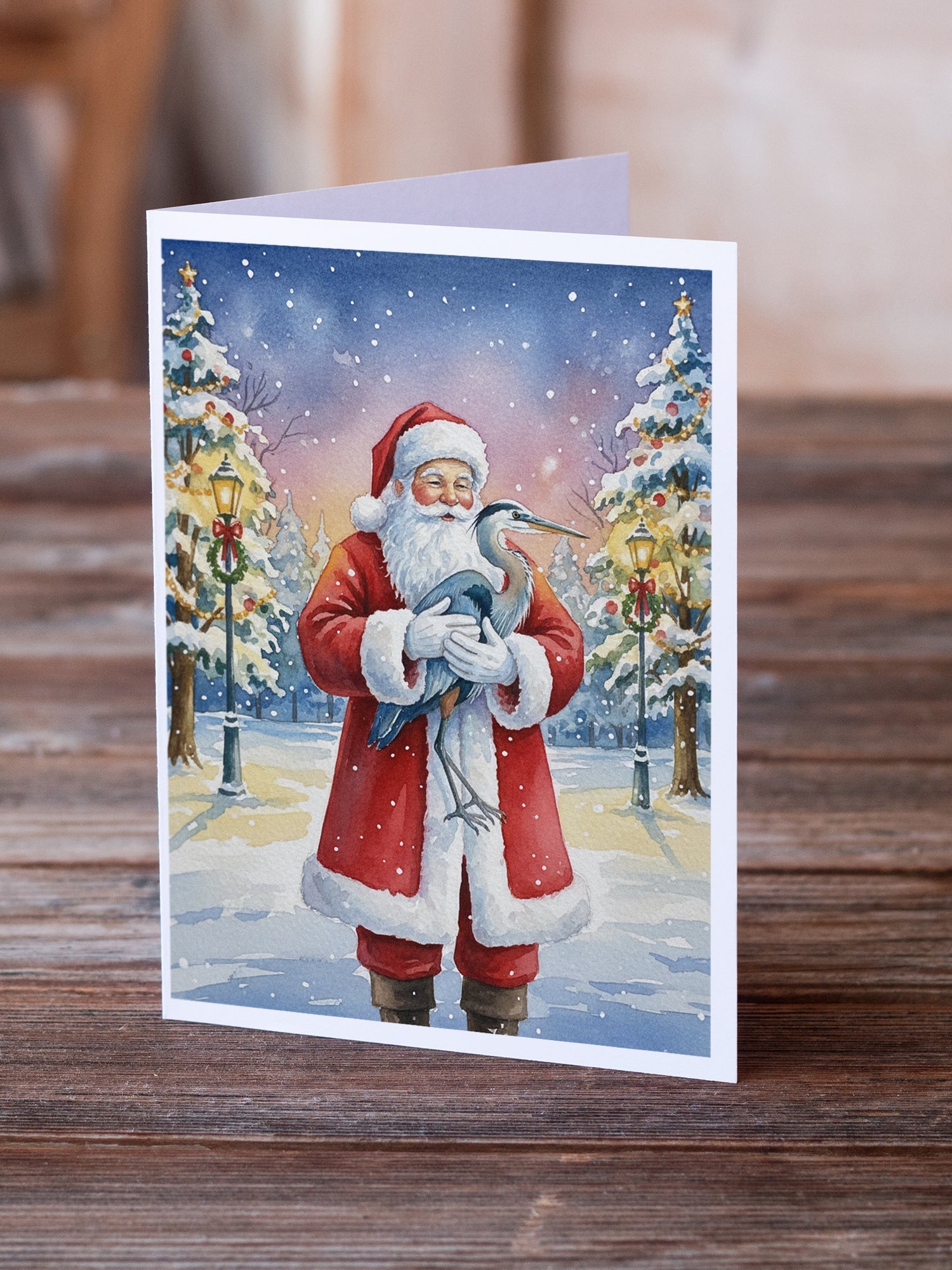 Blue Heron with Santa Claus Greeting Cards Pack of 8 Blank Cards with Envelopes Whimsical A7 Size 5x7