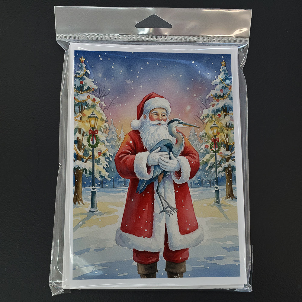 Blue Heron with Santa Claus Greeting Cards Pack of 8 Blank Cards with Envelopes Whimsical A7 Size 5x7