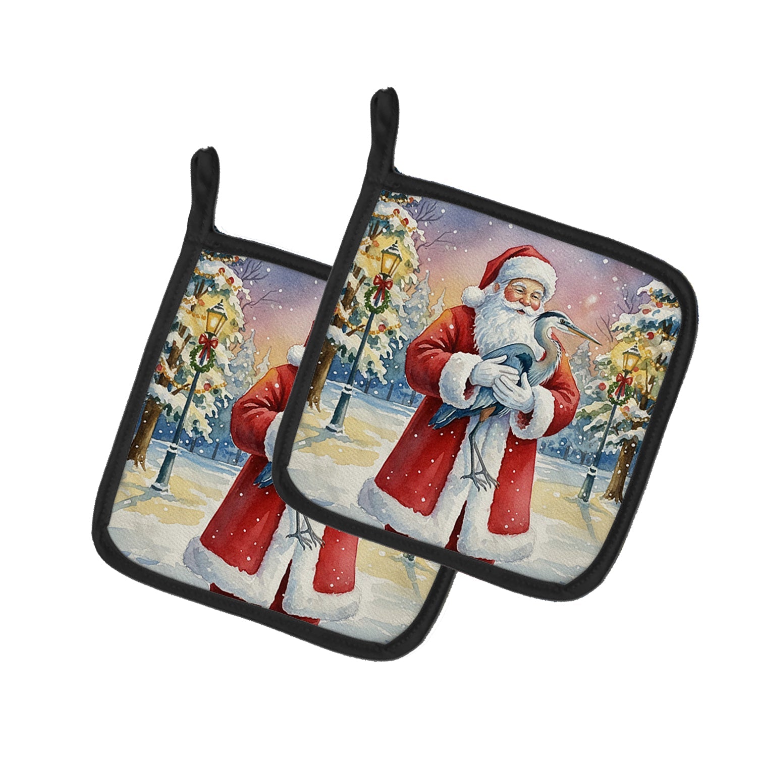 Blue Heron with Santa Claus Pot Holder Set of 2 Heat Resistant Quilted Hot Pads 7.5 x 7.5 Inch, Insulated Kitchen Trivets for Cooking & Baking