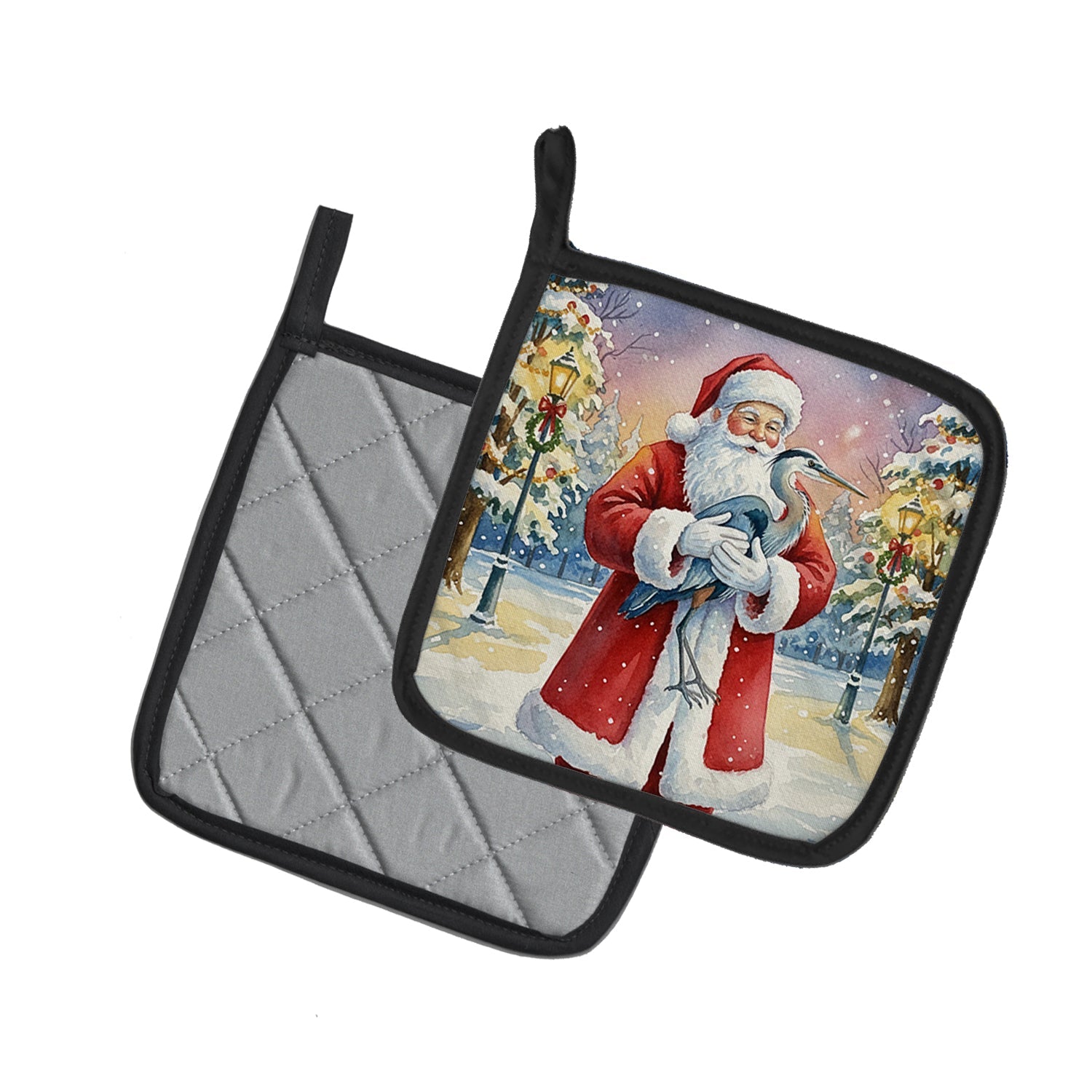 Blue Heron with Santa Claus Pot Holder Set of 2 Heat Resistant Quilted Hot Pads 7.5 x 7.5 Inch, Insulated Kitchen Trivets for Cooking & Baking