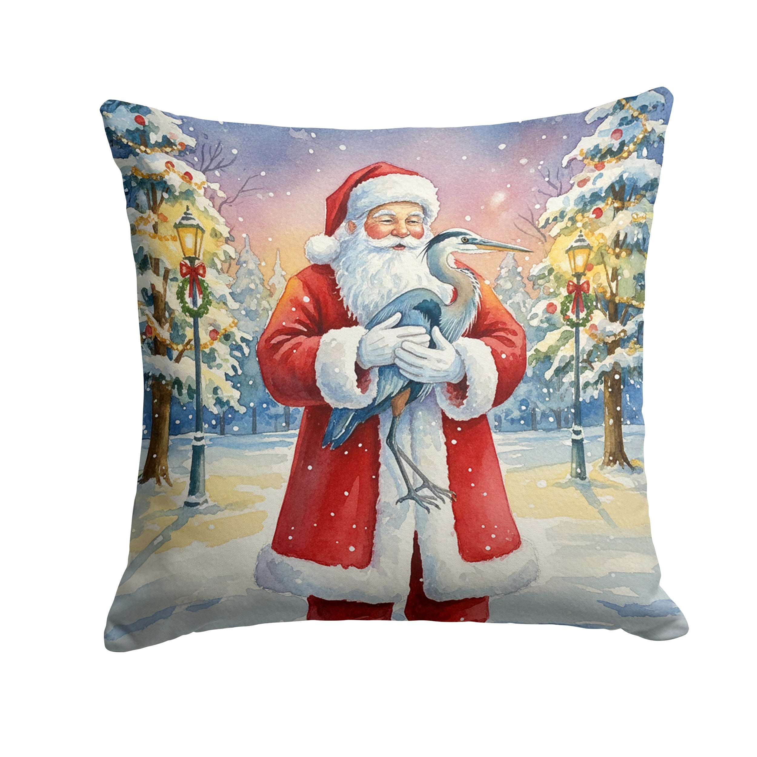 Blue Heron with Santa Claus Decorative Throw Pillow 14x14 Indoor Outdoor Accent Cushion, Fabric Cover with Insert for Sofa, Bed, Porch & Living Room