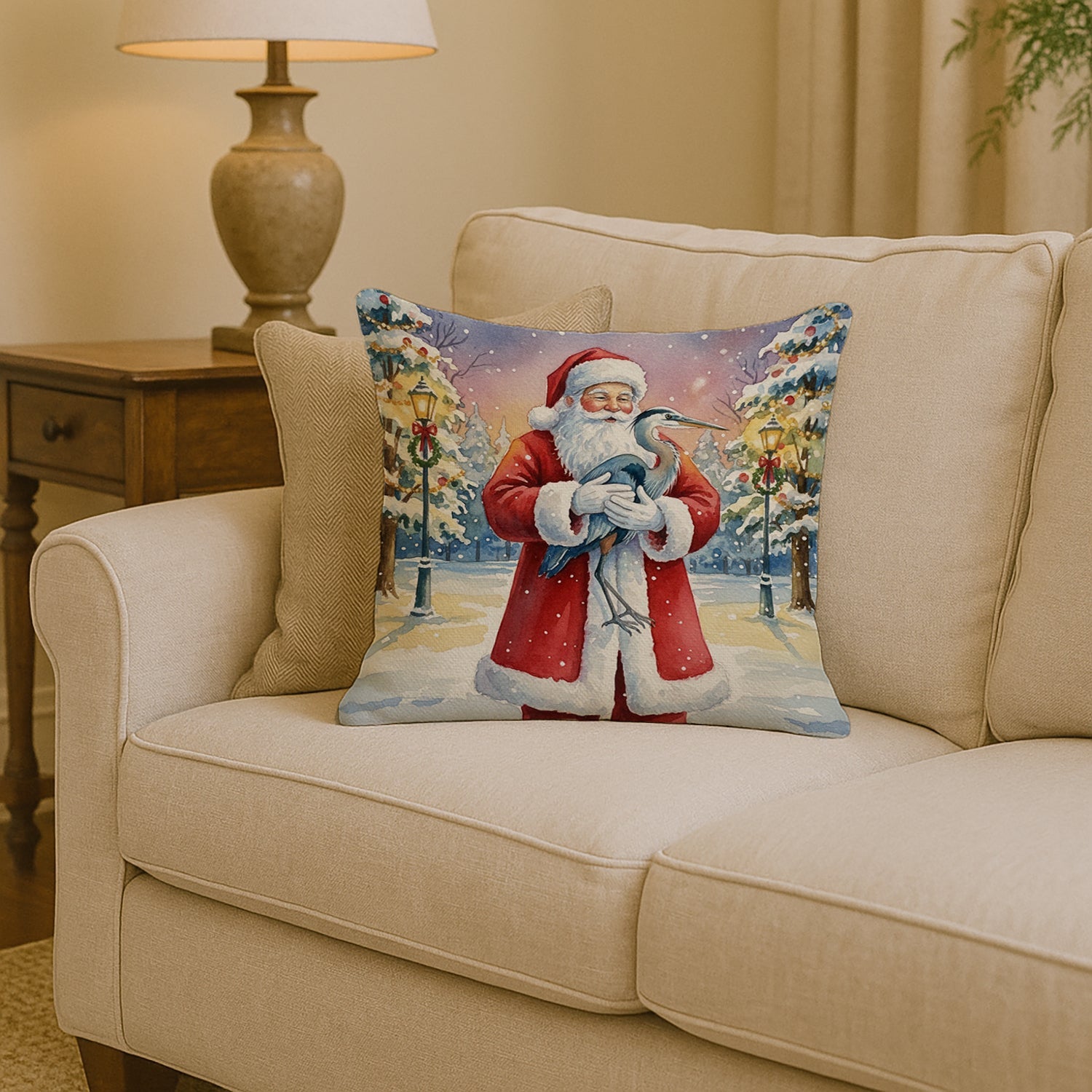 Blue Heron with Santa Claus Decorative Throw Pillow 14x14 Indoor Outdoor Accent Cushion, Fabric Cover with Insert for Sofa, Bed, Porch & Living Room