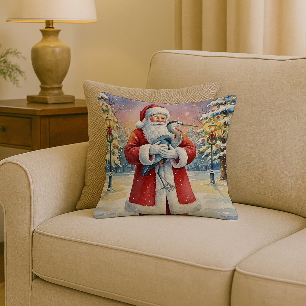 Blue Heron with Santa Claus Decorative Throw Pillow 18x18 Indoor Outdoor Accent Cushion, Fabric Cover with Insert for Sofa, Bed, Porch & Living Room