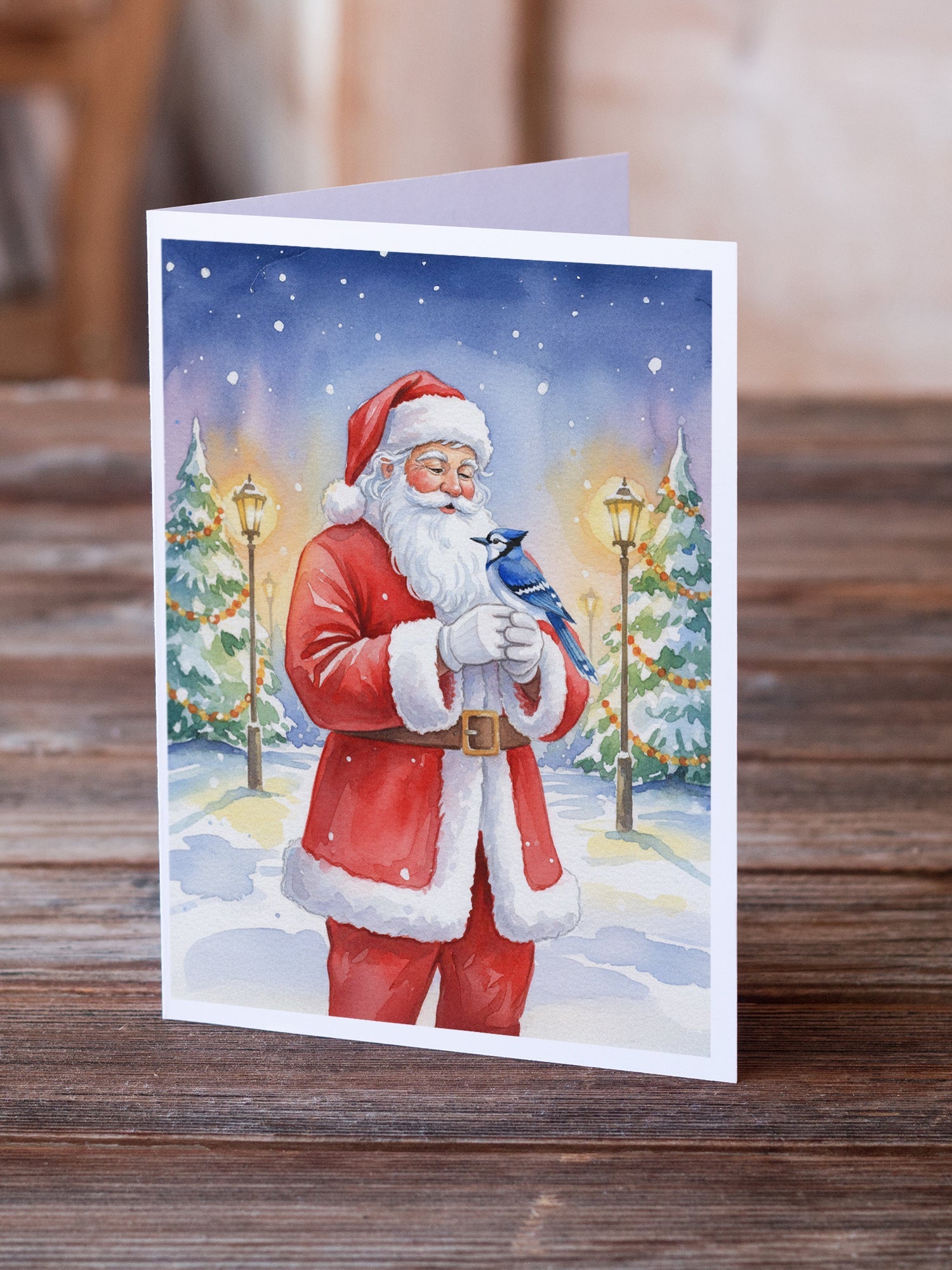 Blue Jay with Santa Claus Greeting Cards Pack of 8 Blank Cards with Envelopes Whimsical A7 Size 5x7