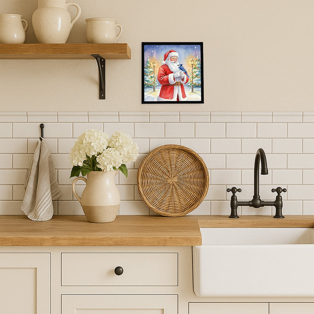 Blue Jay with Santa Claus Framed Metal Print Bathroom, Kitchen, Office, Home Decor Wall Art Ready to Hang, Square, 8X8
