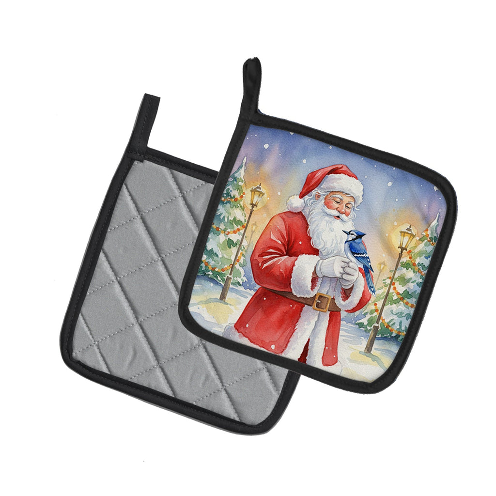 Blue Jay with Santa Claus Pot Holder Set of 2 Heat Resistant Quilted Hot Pads 7.5 x 7.5 Inch, Insulated Kitchen Trivets for Cooking & Baking