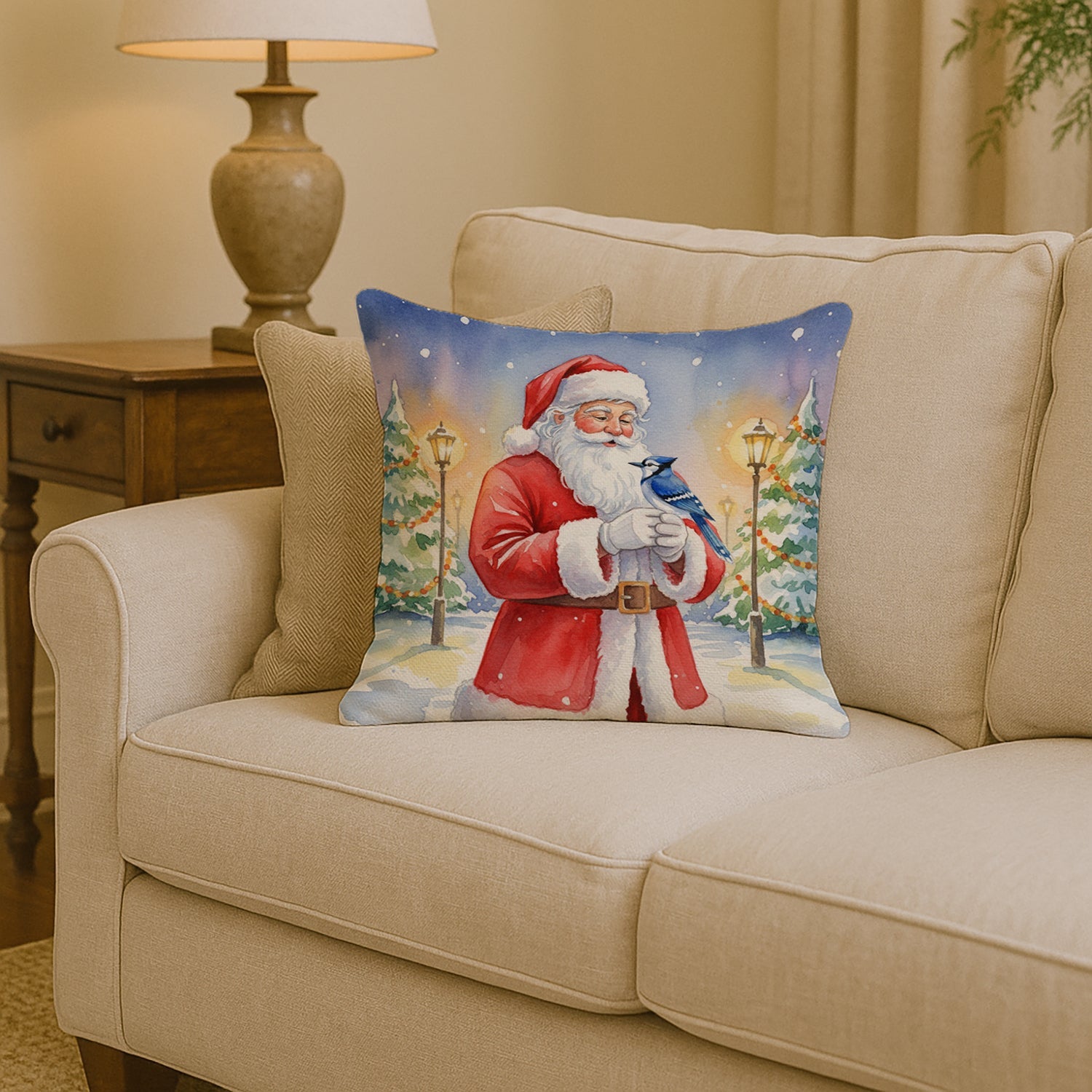 Blue Jay with Santa Claus Decorative Throw Pillow 14x14 Indoor Outdoor Accent Cushion, Fabric Cover with Insert for Sofa, Bed, Porch & Living Room
