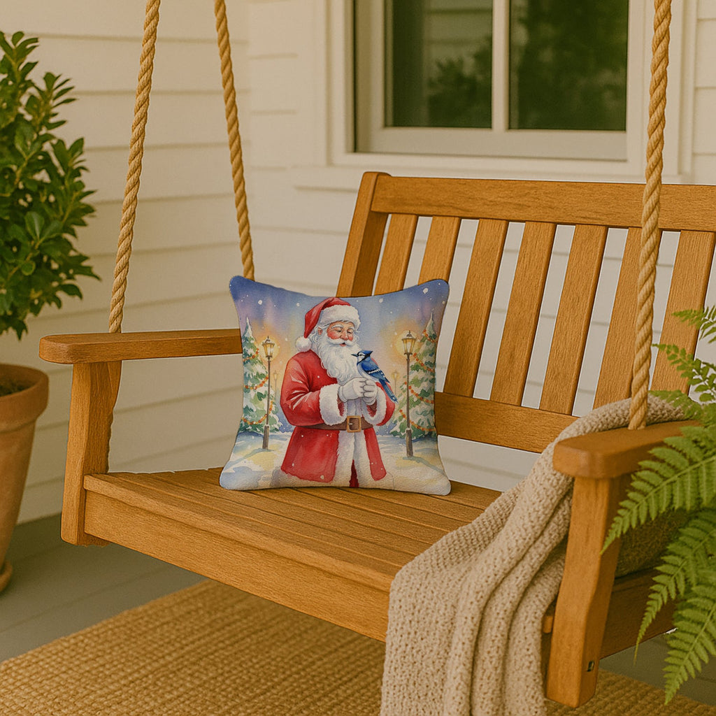 Blue Jay with Santa Claus Decorative Throw Pillow 14x14 Indoor Outdoor Accent Cushion, Fabric Cover with Insert for Sofa, Bed, Porch & Living Room