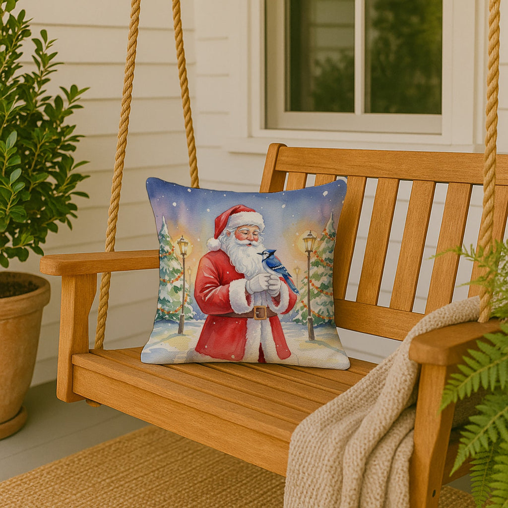 Blue Jay with Santa Claus Decorative Throw Pillow 18x18 Indoor Outdoor Accent Cushion, Fabric Cover with Insert for Sofa, Bed, Porch & Living Room