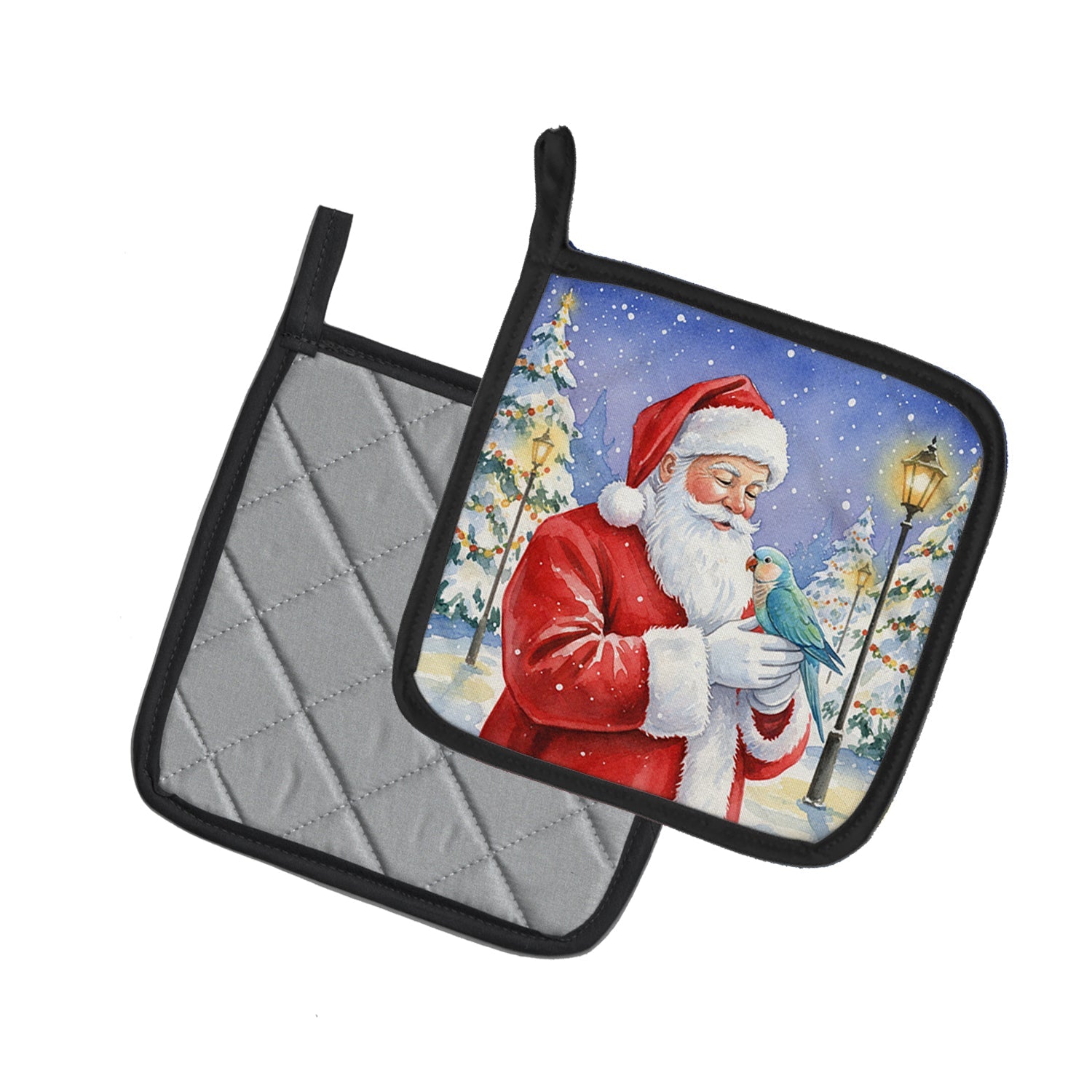Blue Quaker with Santa Claus Pot Holder Set of 2 Heat Resistant Quilted Hot Pads 7.5 x 7.5 Inch, Insulated Kitchen Trivets for Cooking & Baking