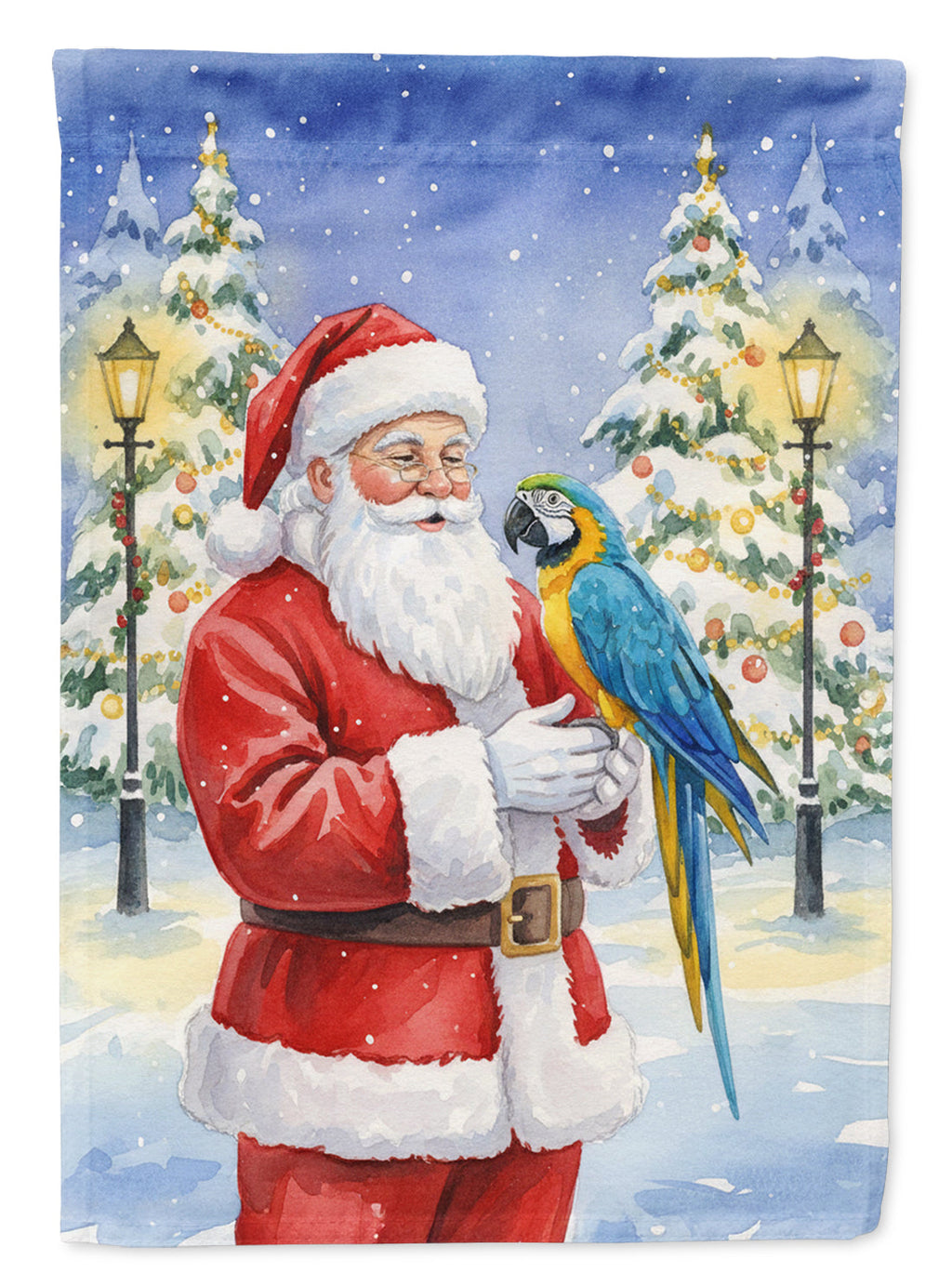 Blue and Gold Macaw Parrot with Santa Claus House Flag 28x40 Porch Sleeve Pole Decorative Outside Yard Banner Artwork Wall Hanging, Polyester