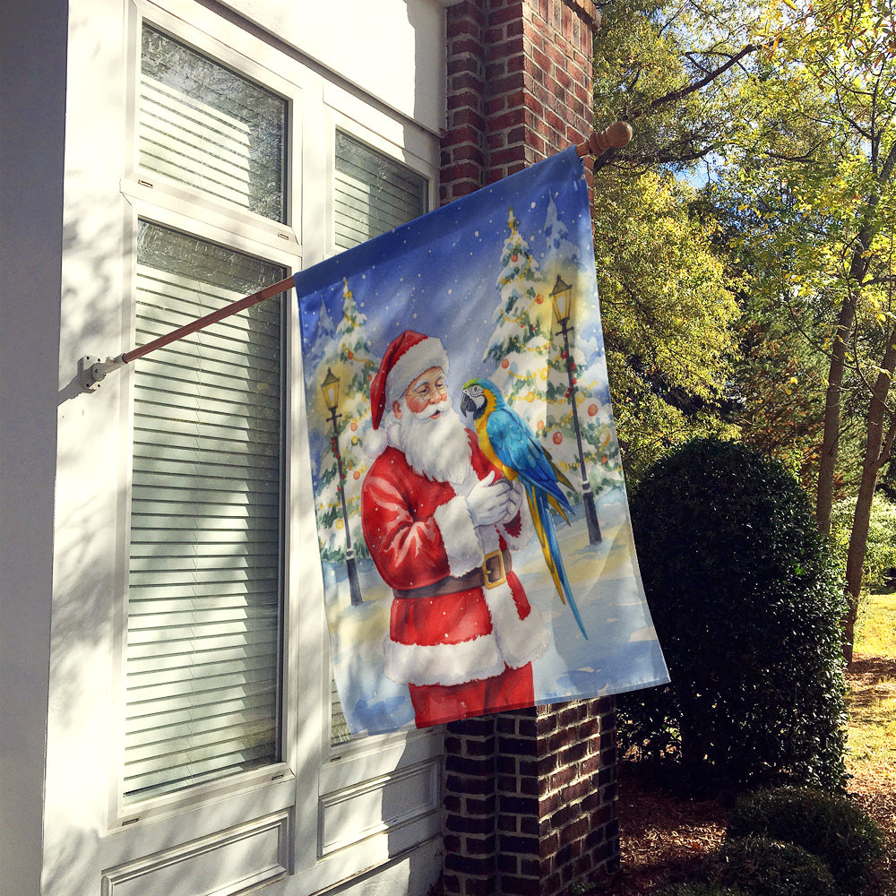 Blue and Gold Macaw Parrot with Santa Claus House Flag 28x40 Porch Sleeve Pole Decorative Outside Yard Banner Artwork Wall Hanging, Polyester