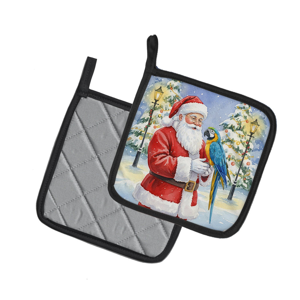 Blue and Gold Macaw Parrot with Santa Claus Pot Holder Set of 2 Heat Resistant Quilted Hot Pads 7.5 x 7.5 Inch, Insulated Kitchen Trivets for Cooking & Baking
