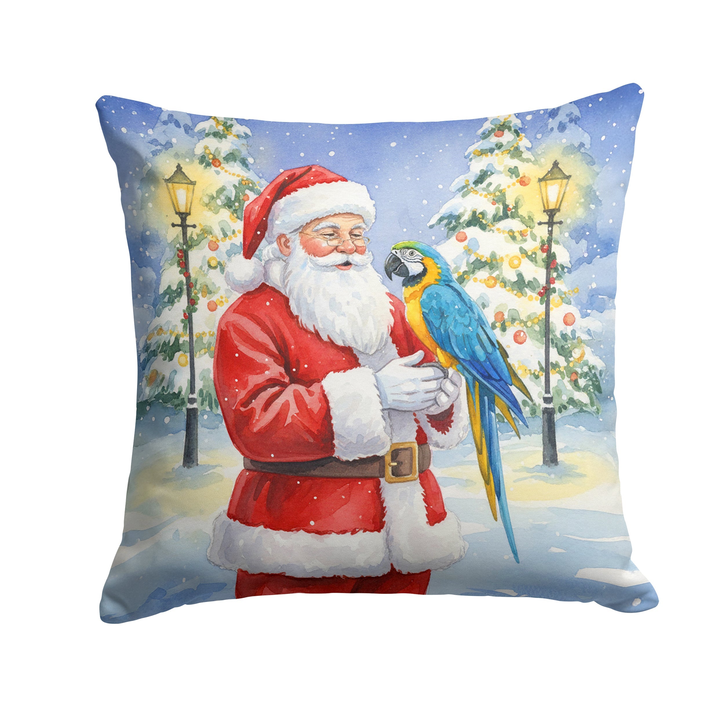 Blue and Gold Macaw Parrot with Santa Claus Decorative Throw Pillow 14x14 Indoor Outdoor Accent Cushion, Fabric Cover with Insert for Sofa, Bed, Porch & Living Room