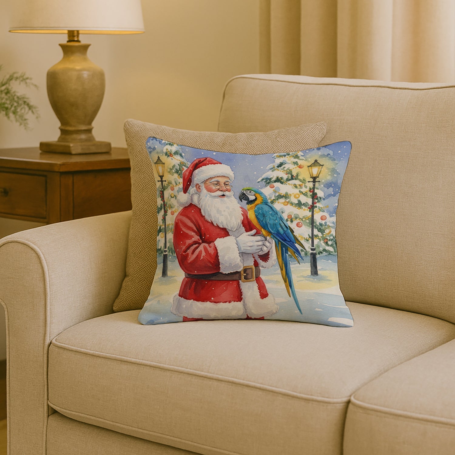 Blue and Gold Macaw Parrot with Santa Claus Decorative Throw Pillow 18x18 Indoor Outdoor Accent Cushion, Fabric Cover with Insert for Sofa, Bed, Porch & Living Room