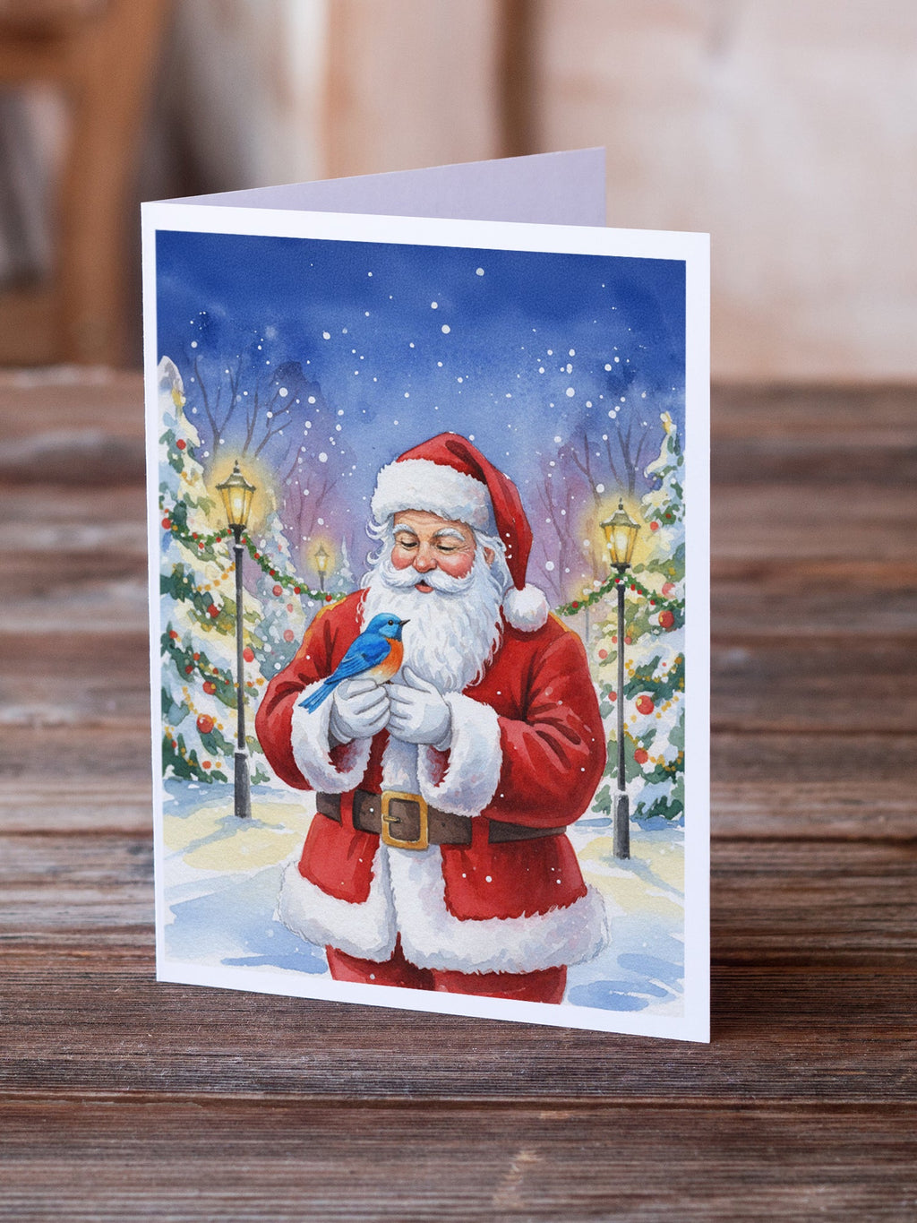 Bluebird with Santa Claus Greeting Cards Pack of 8 Blank Cards with Envelopes Whimsical A7 Size 5x7