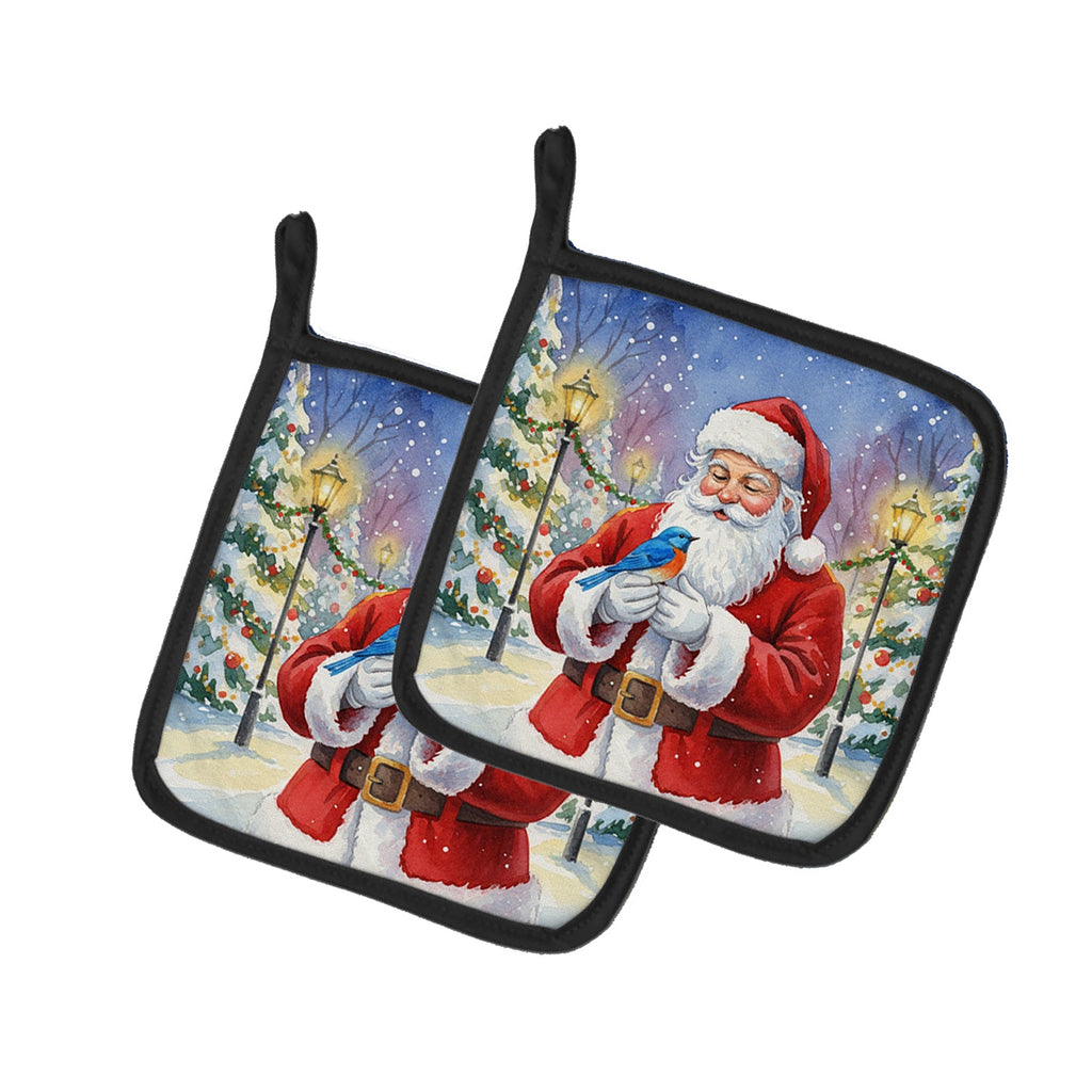 Bluebird with Santa Claus Pot Holder Set of 2 Heat Resistant Quilted Hot Pads 7.5 x 7.5 Inch, Insulated Kitchen Trivets for Cooking & Baking