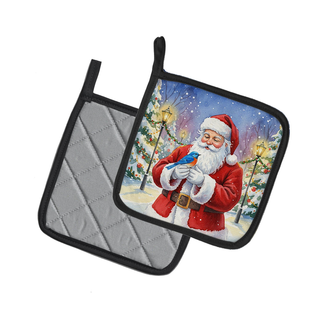 Bluebird with Santa Claus Pot Holder Set of 2 Heat Resistant Quilted Hot Pads 7.5 x 7.5 Inch, Insulated Kitchen Trivets for Cooking & Baking