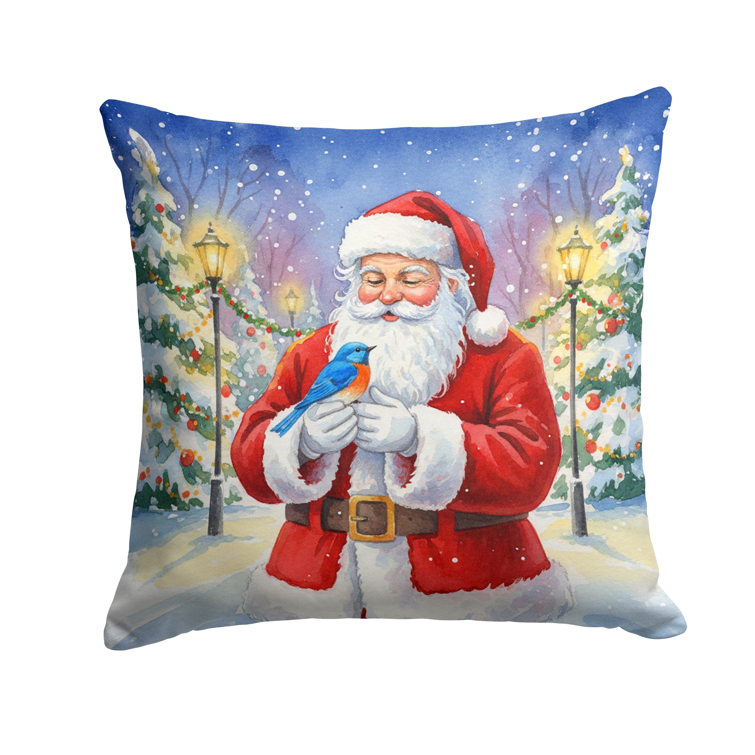 Bluebird with Santa Claus Decorative Throw Pillow 14x14 Indoor Outdoor Accent Cushion, Fabric Cover with Insert for Sofa, Bed, Porch & Living Room
