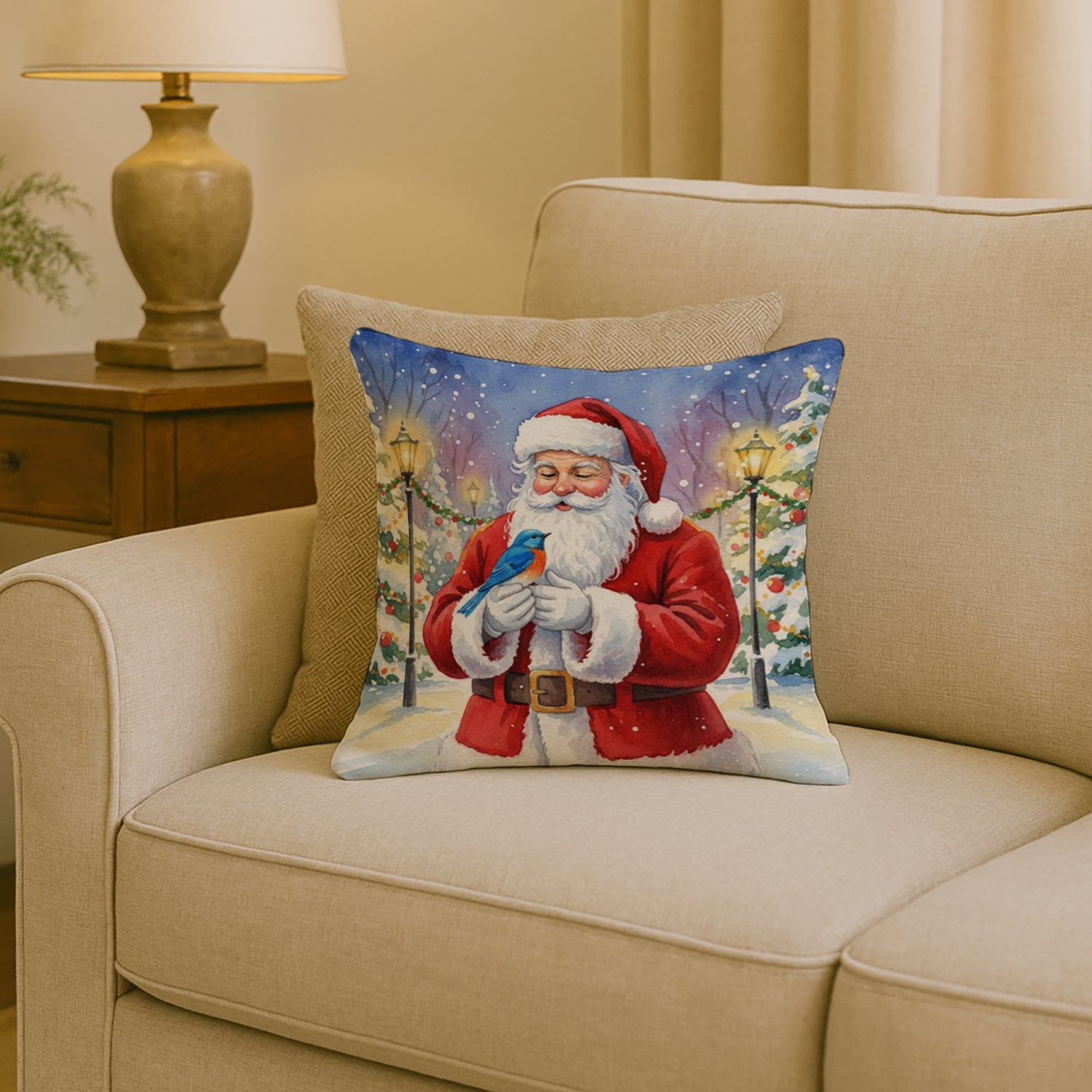 Bluebird with Santa Claus Decorative Throw Pillow 18x18 Indoor Outdoor Accent Cushion, Fabric Cover with Insert for Sofa, Bed, Porch & Living Room