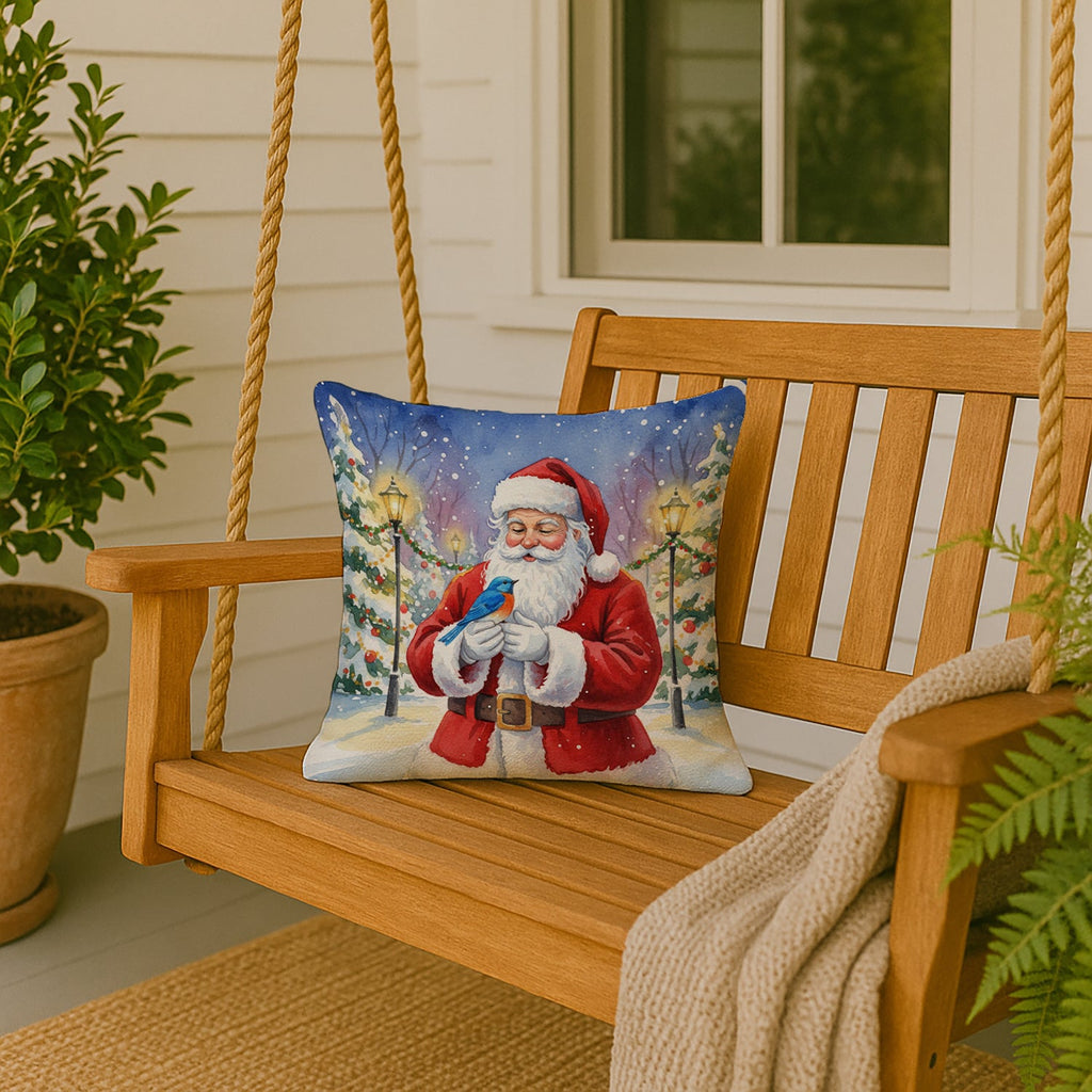 Bluebird with Santa Claus Decorative Throw Pillow 18x18 Indoor Outdoor Accent Cushion, Fabric Cover with Insert for Sofa, Bed, Porch & Living Room