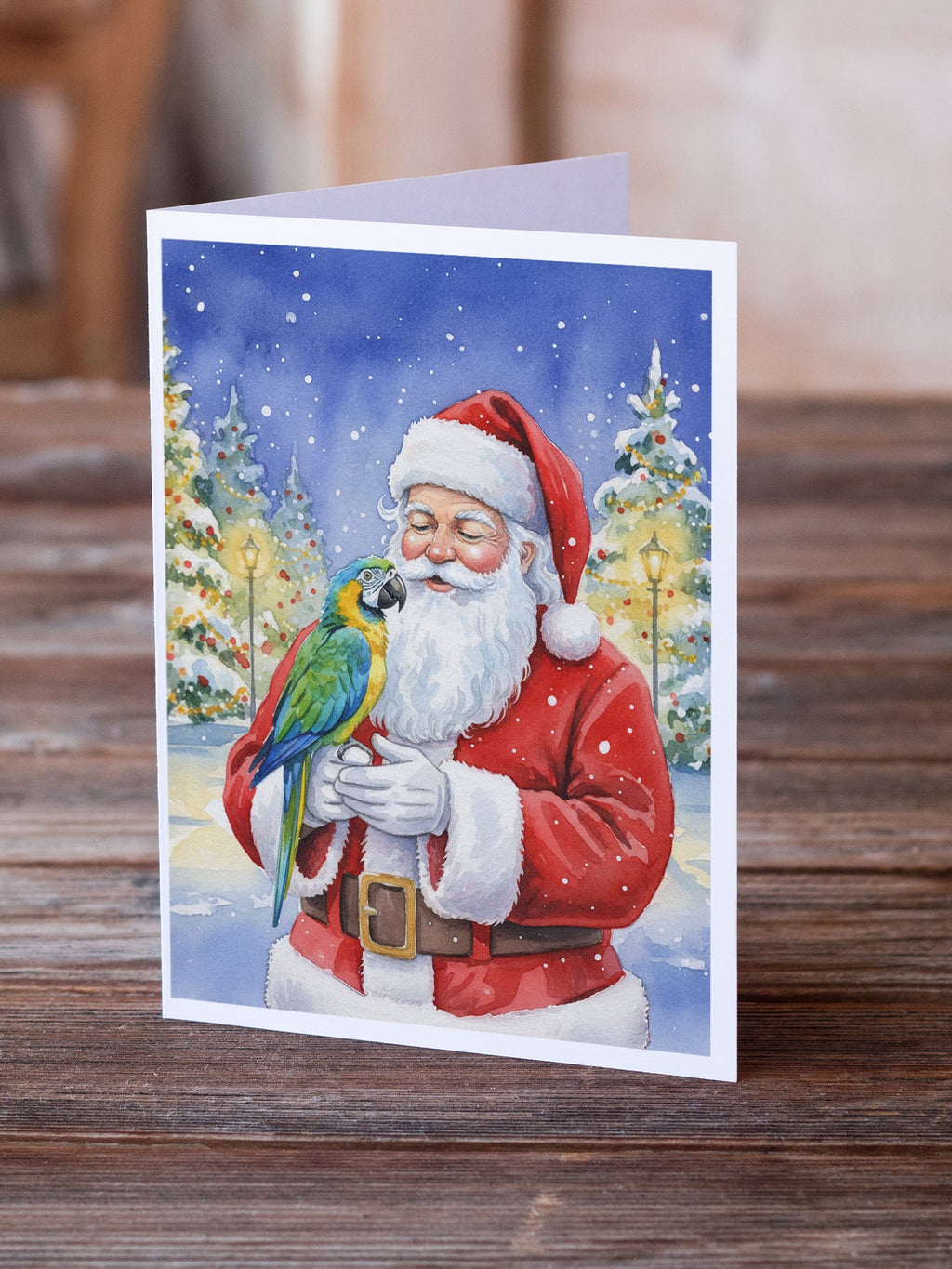 Blue Fronted Amazon Parrot with Santa Claus Greeting Cards Pack of 8 Blank Cards with Envelopes Whimsical A7 Size 5x7